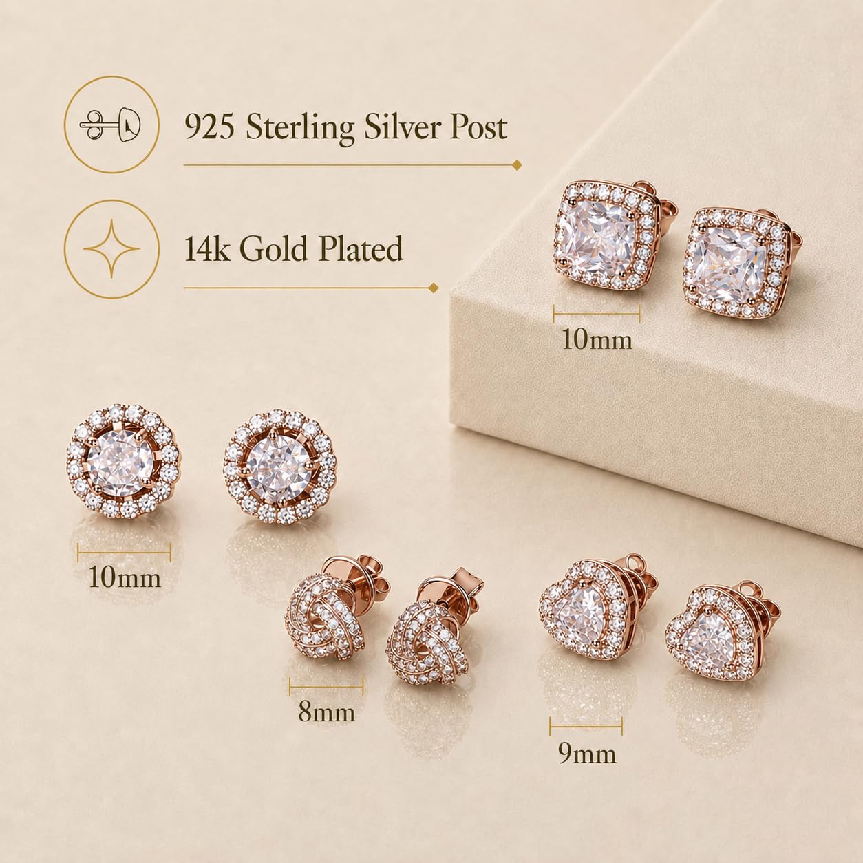 ZELORES 4 Pairs Sterling Silver 5A CZ Stud Earrings for Women 14K Gold Plated Brilliant Celtic Heart Big Stud Earrings Set Cubic Zirconia Earrings Studs for Sensitive Ear