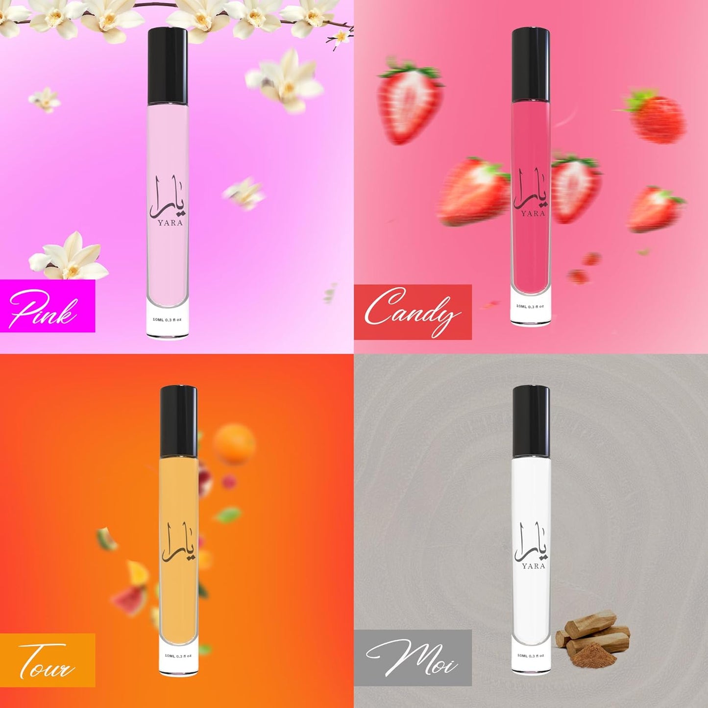 Equivalence Yara's 4 Pieces Set Eau De Parfum Spray for Women edition travel Size BUNDLE 0.34 Ounce Moi +Tous + Candy +Pink, LARGE BOTTLES NOT INCLUDED It is only a reference