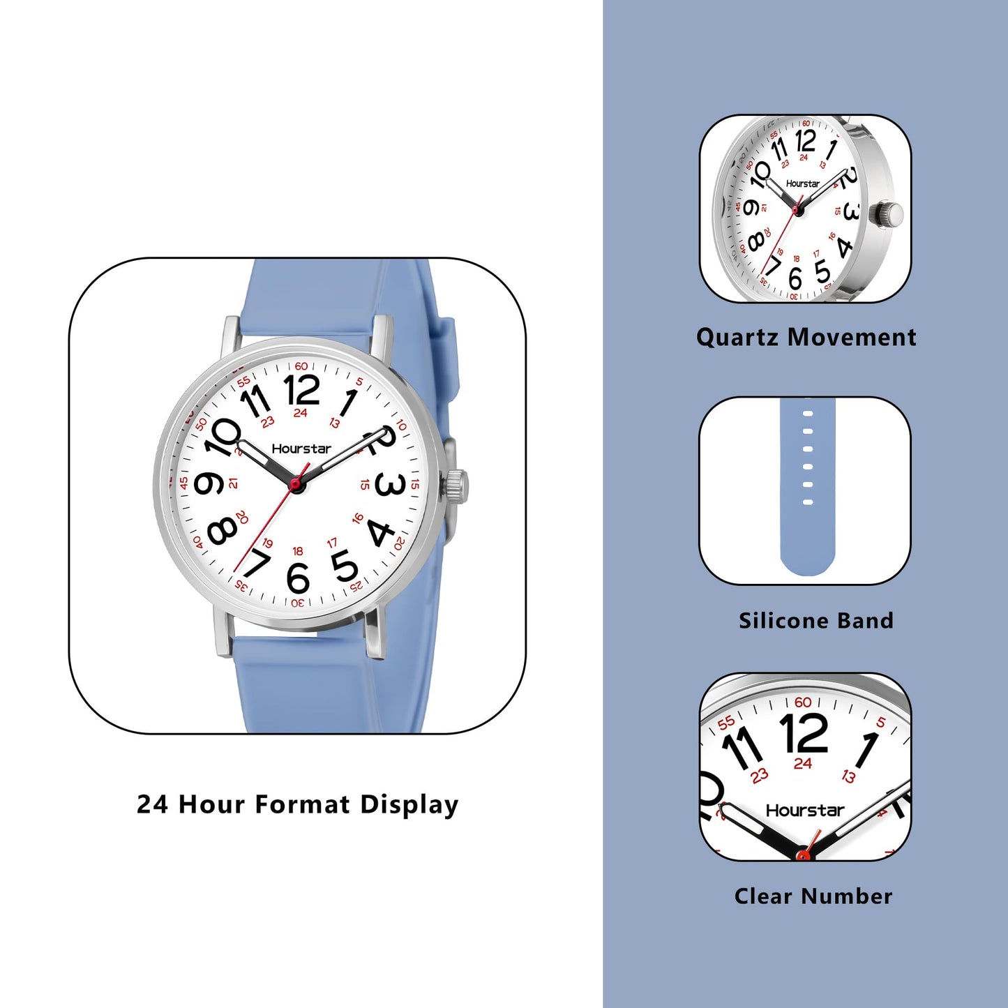 Women's Analog Nurse Watch with Second Hand for Nursing, 12/24 Time, Silicone Band, Easy Read
