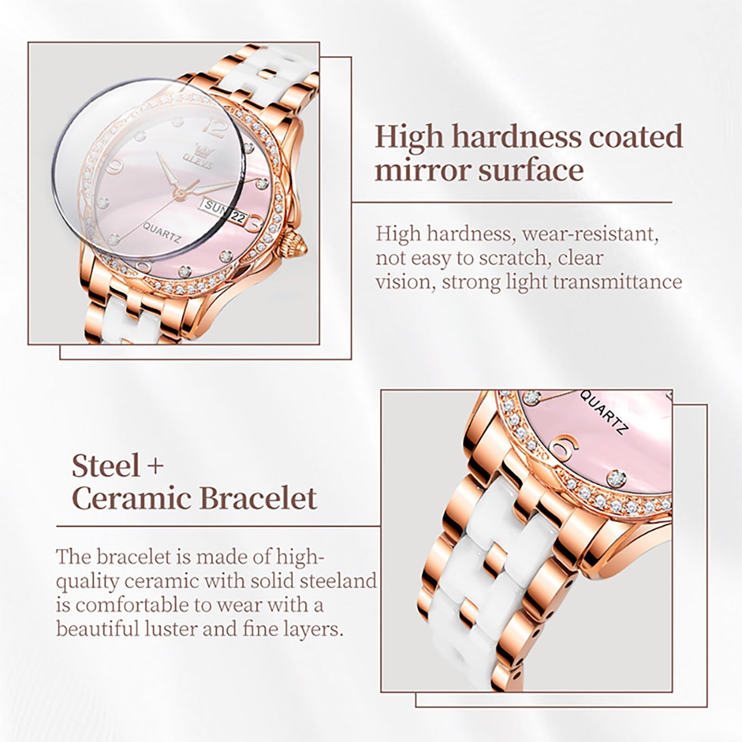 OLEVS Women's Watch Ceramic Band Waterproof Dress Watch Analog Quartz Watches Elegant Luxury Comfortable Wrist Watches with Date Day & Diamond White/Pink/Black Dial Gift for Her Reloj para Mujer