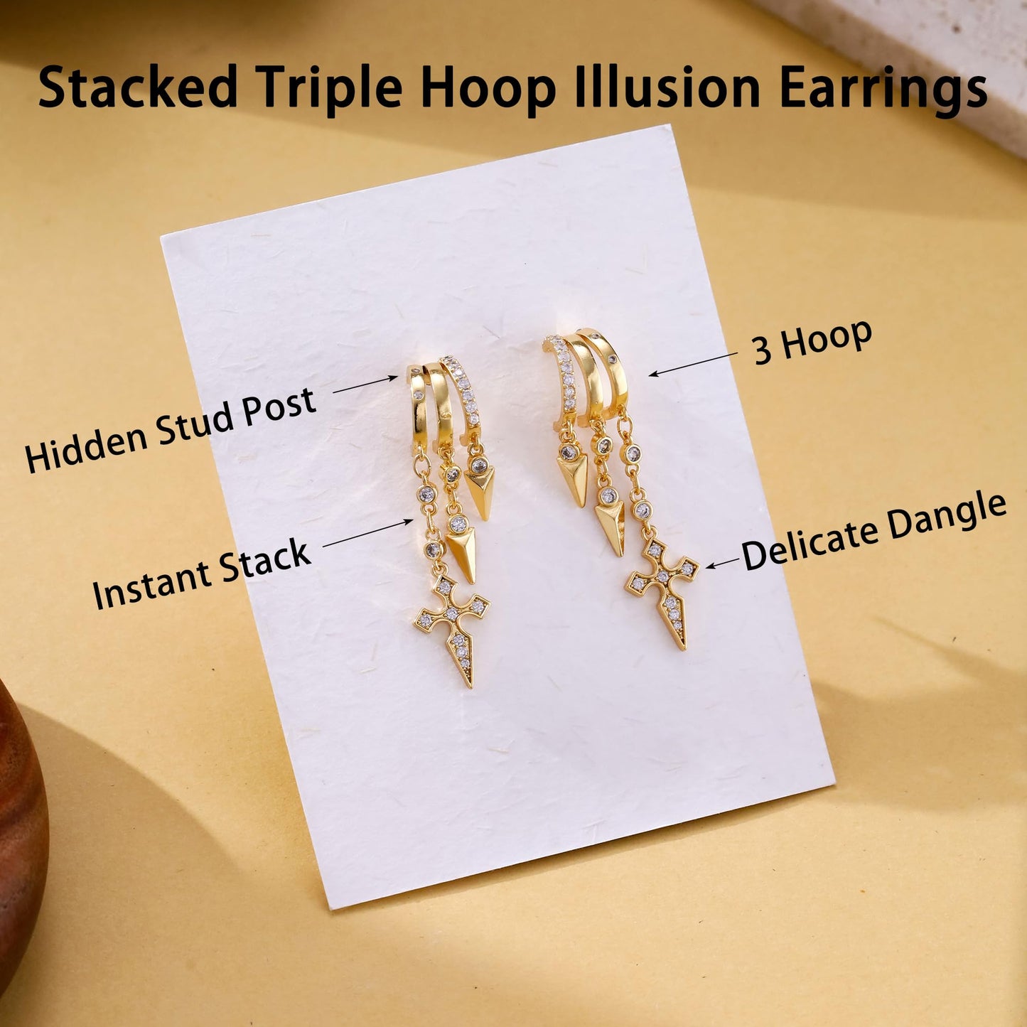 Gold Dangle Earrings for Women, 14k Gold Plated Stacked Triple Hoop Illusion Earrings Cubic Zirconia Huggie Earrings for Women Trendy