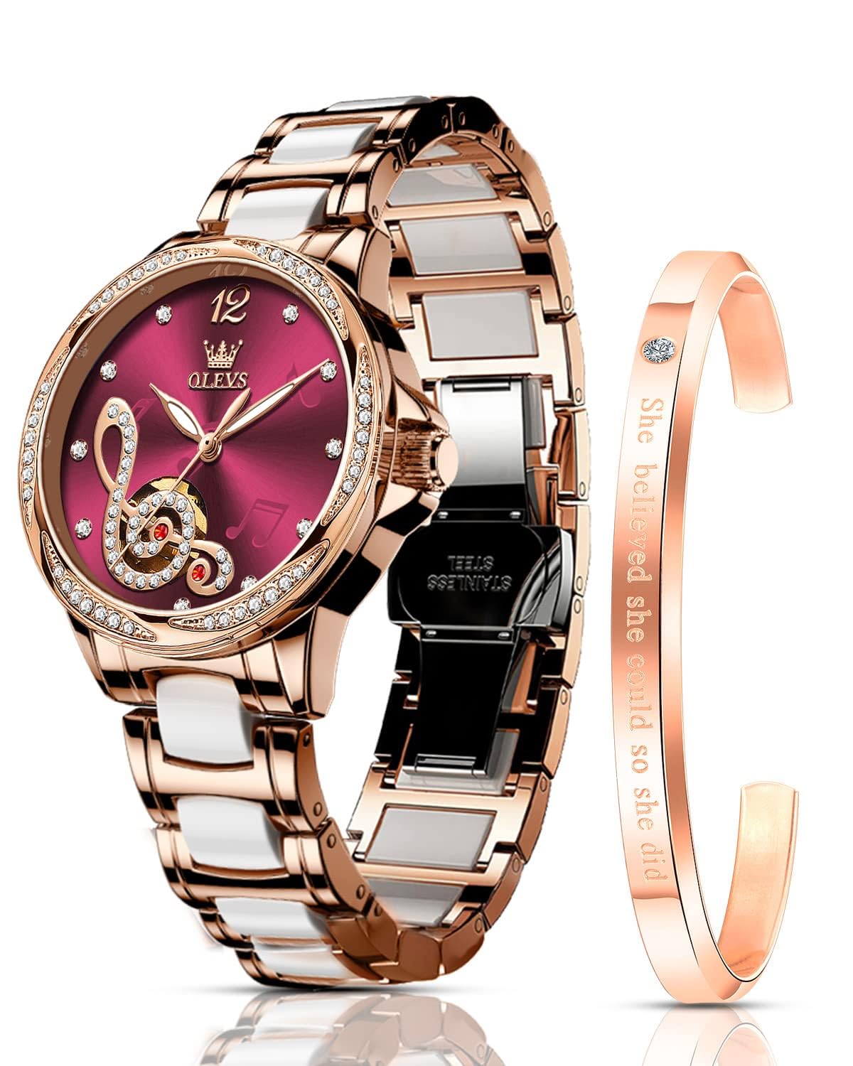 OLEVS Watches for Women Automatic Mechanical Self Winding Rose Gold Ladies Watch Diamond Dress Ceramic Bracelet Waterproof Female Wrist Watch