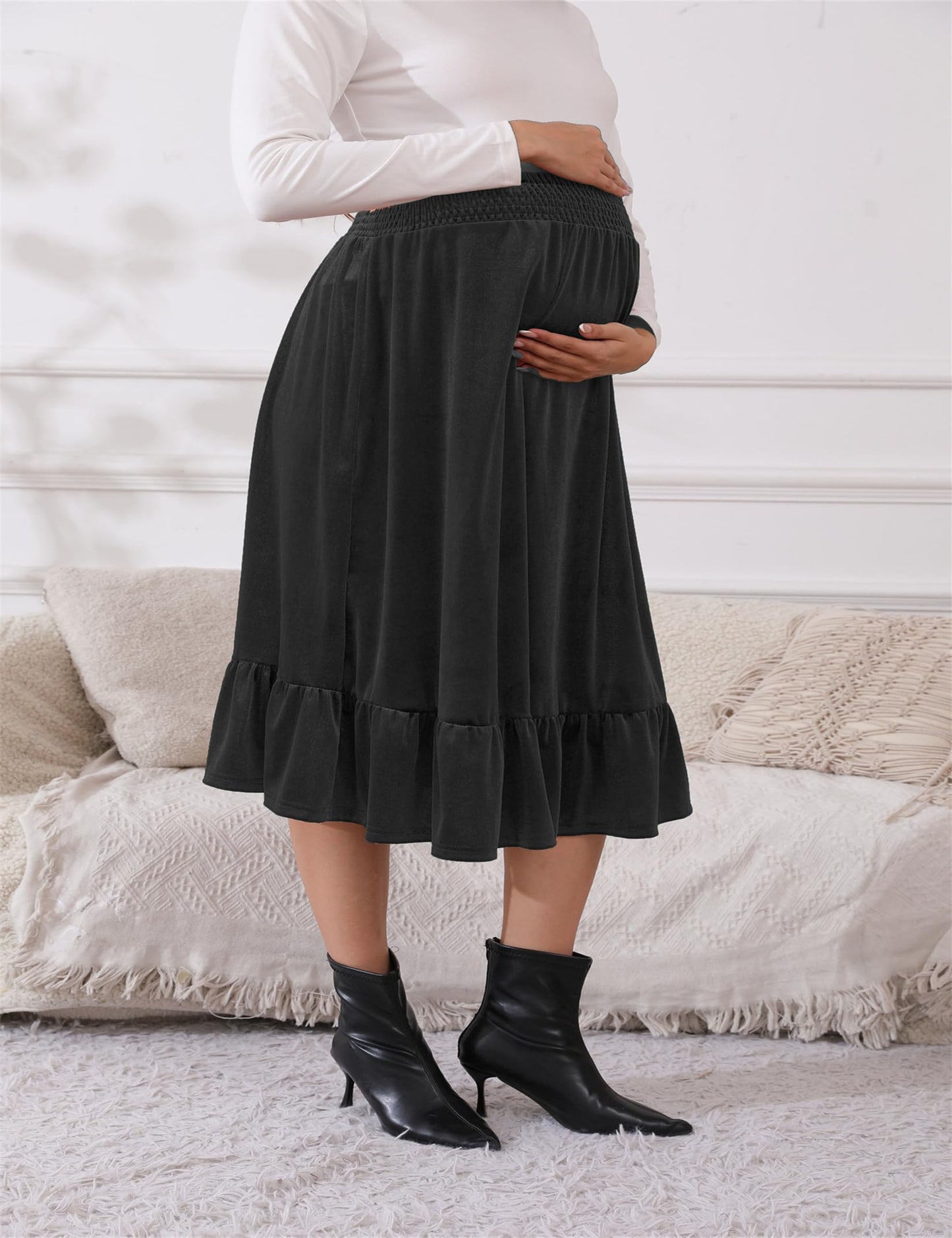 FUNJULY Maternity Dress Women's High Waist Floral Print Pleated Maxi Skirt Casual Flowy Swing A Line Long Skirts BlackPurple L