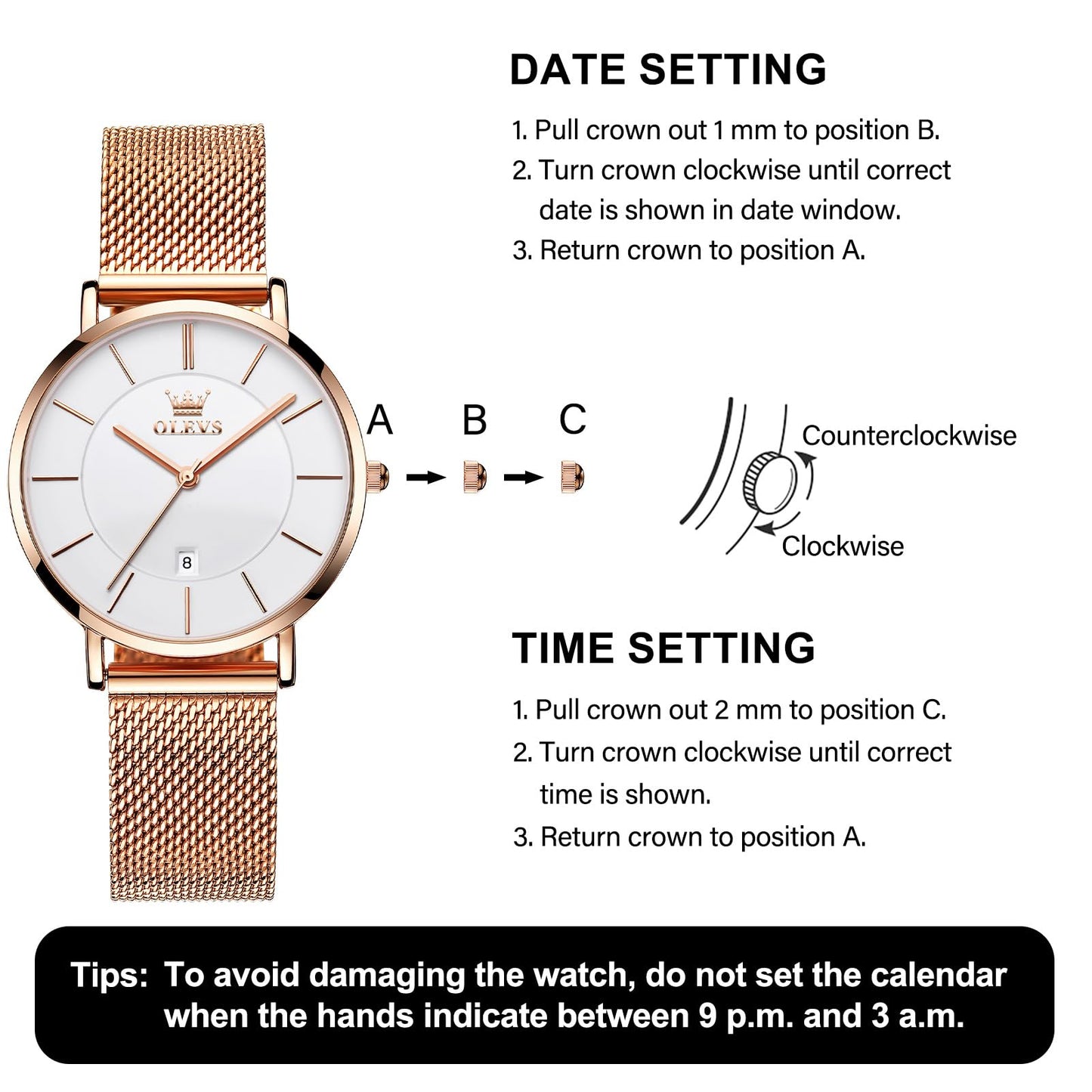 OLEVS Women's Mesh Bracelet Watch, Elegant Large Face Three Hand Analog Quartz Womens Wristwatch, Pretty Slim Date Display Waterproof Ladies Watches for Small Wrists