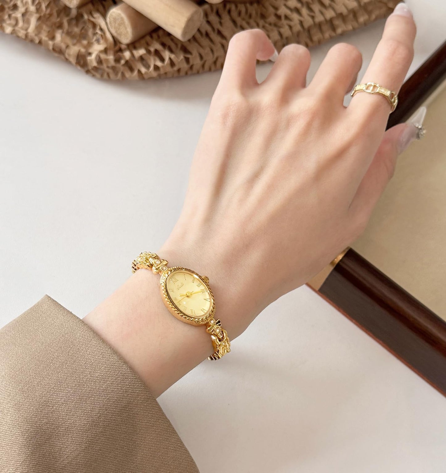 Gosasa Small Gold Watches for Women Vintage Dainty Oval Roman Numeral Dial Analog Slim Bracelet Alloy Band Water Resistant Dress Wrist Watch Elegant Gift