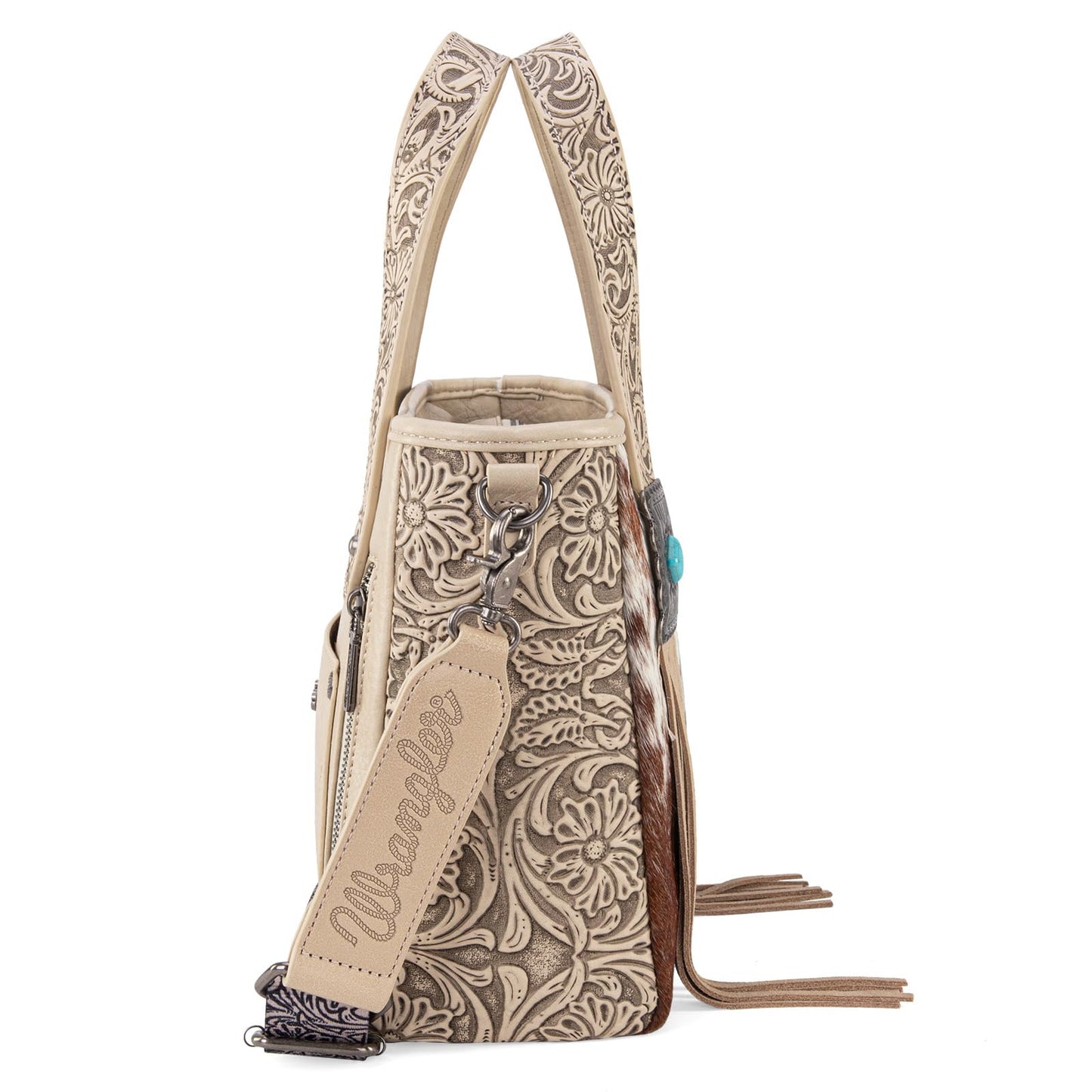 Montana West Wrangler Cowhide Tote Bag for Women Western Tooling Handbag Leather Fringing with Turquoise Stone Concho