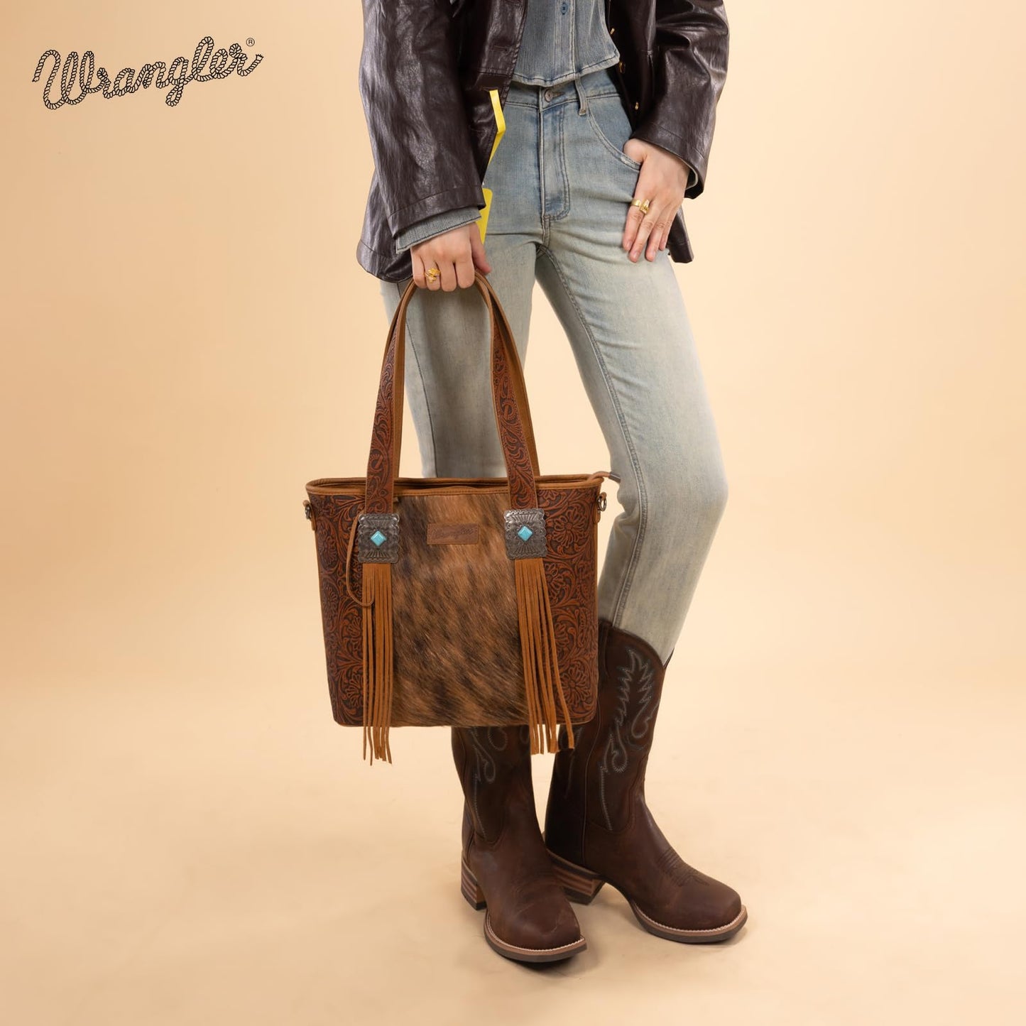 Montana West Wrangler Cowhide Tote Bag for Women Western Tooling Handbag Leather Fringing with Turquoise Stone Concho