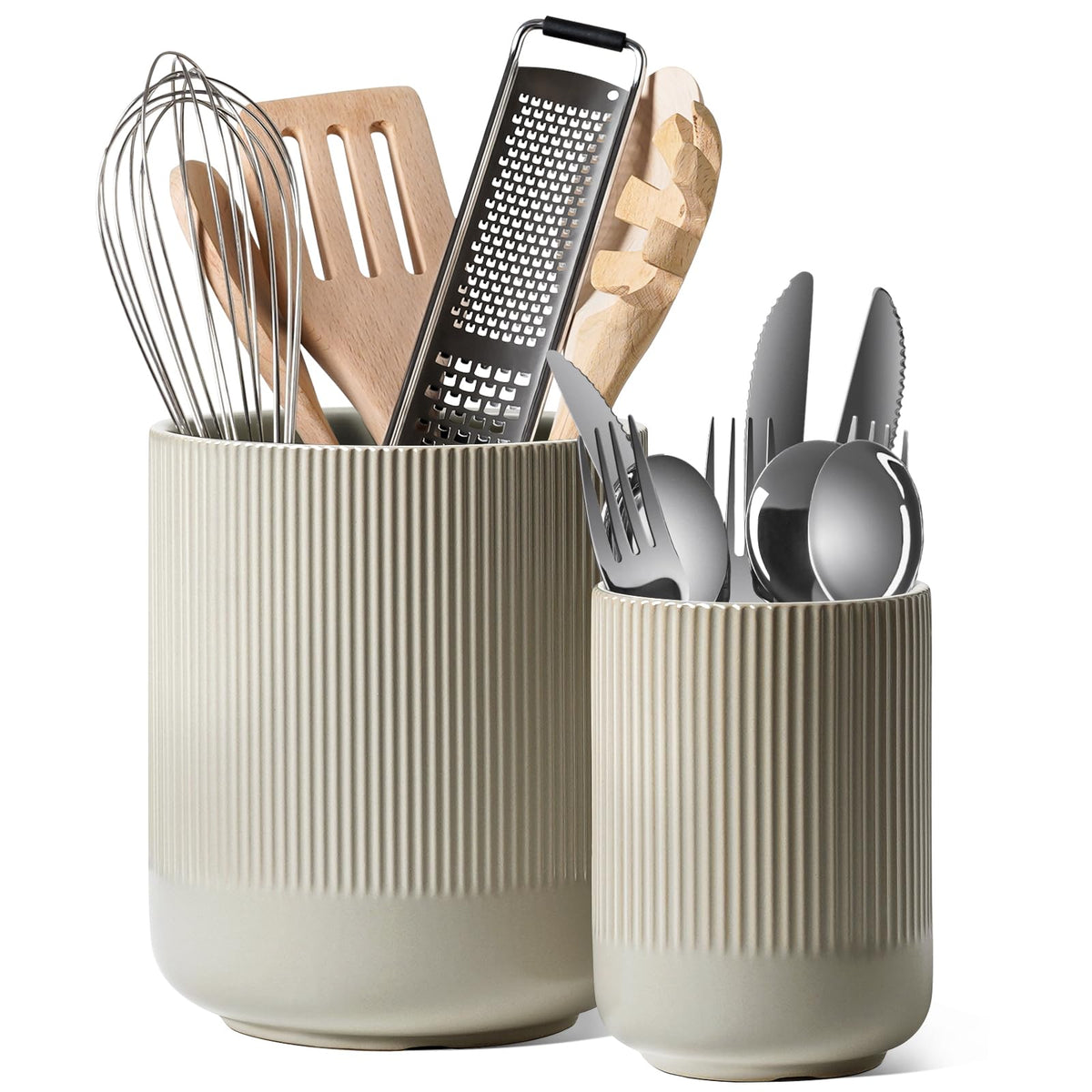 LE TAUCI Utensil Holder, 7.3"+5.4" Ceramic Cooking Tool Crocks for Countertop, Large Utensil Organizer for Kitchen Counter, Morden Kitchen Decor for Spatula and Flatware, Set of 2