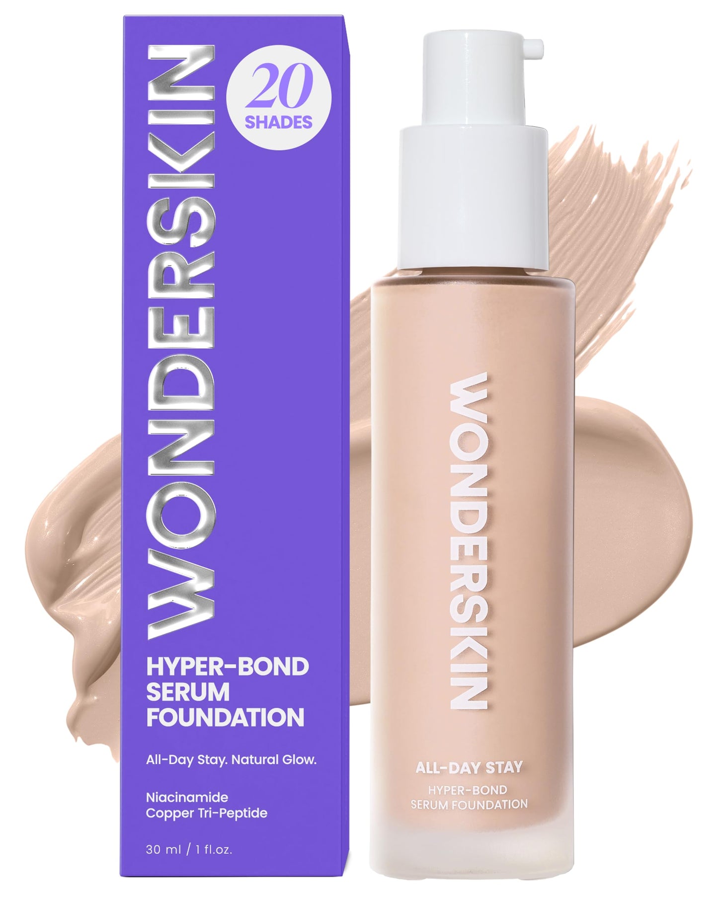 Wonderskin Hyper Bond All-Day Stay Serum Foundation – Waterproof, Transfer-Proof, 24HR Longwear Face Makeup with Niacinamide & Hyaluronic Acid – Lightweight, Natural Finish (Echo)