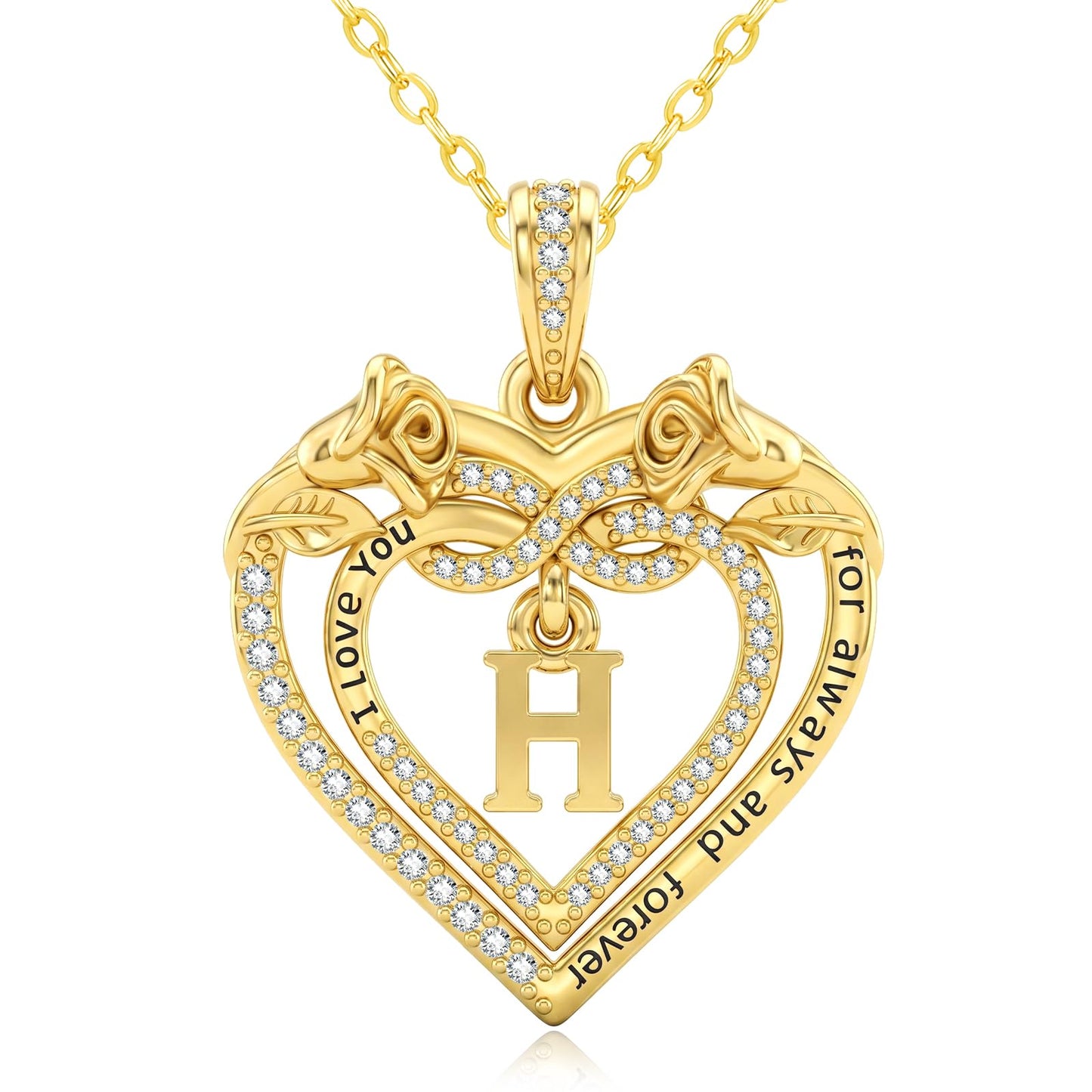 Uncle LOL Jewelry — 14K Gold Initial Letter Rose Heart Pendant Necklace for Women, Anniversary Birthday Jewelry Gifts for Wife Mom Grandma Sister Daughter, I Love You for Always And Forever