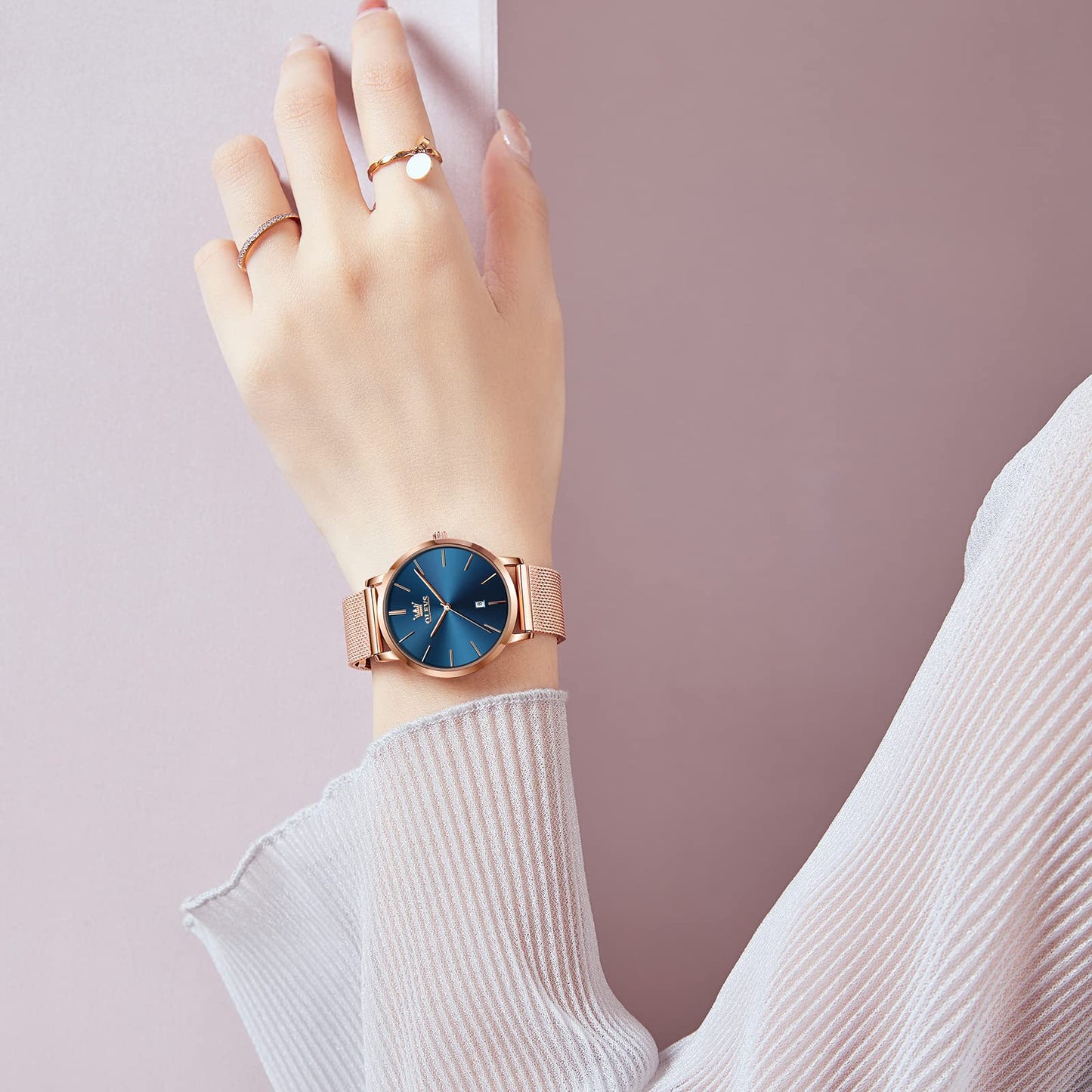 OLEVS Women's Mesh Bracelet Watch, Elegant Large Face Three Hand Analog Quartz Womens Wristwatch, Pretty Slim Date Display Waterproof Ladies Watches for Small Wrists