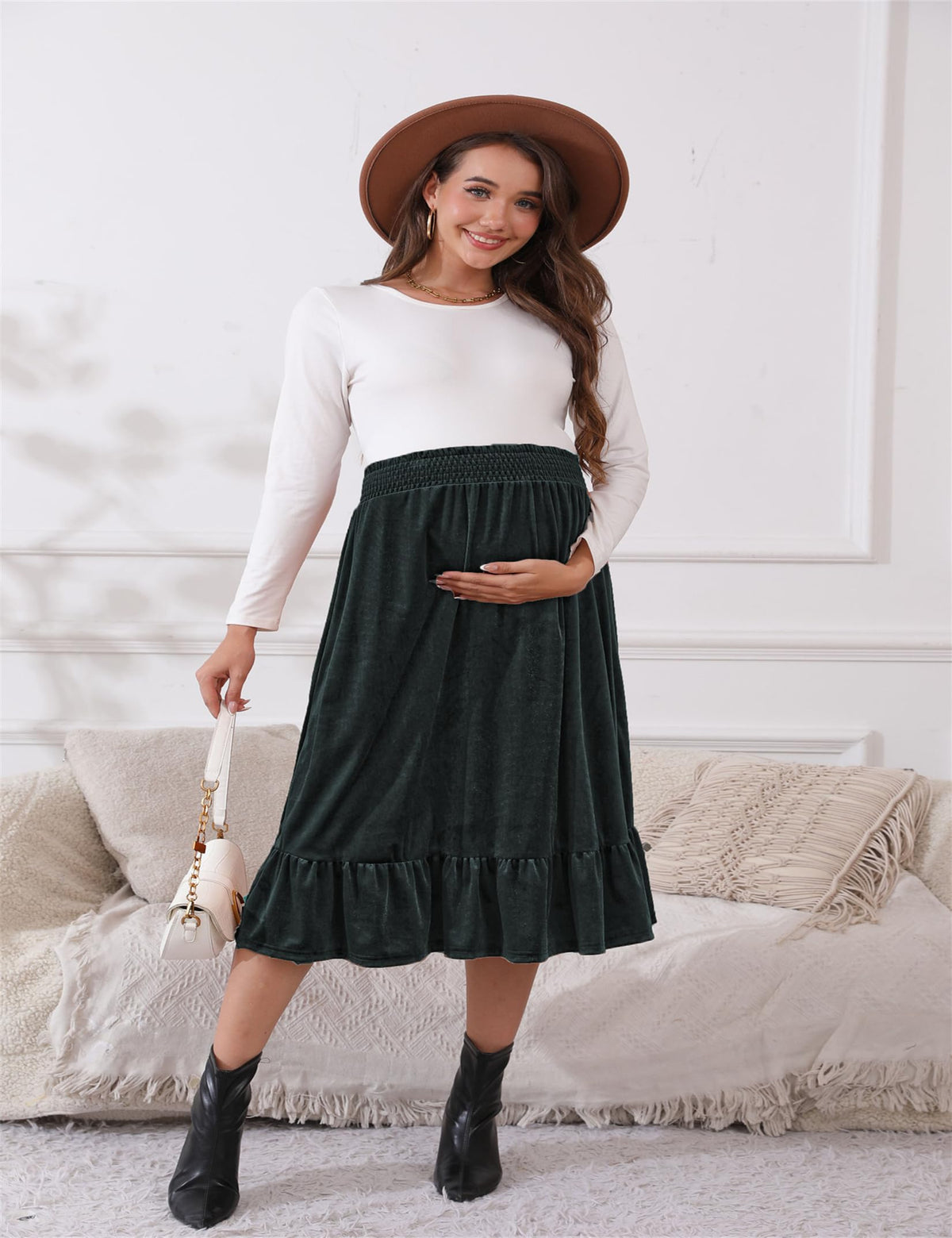 FUNJULY Maternity Dress Women's High Waist Floral Print Pleated Maxi Skirt Casual Flowy Swing A Line Long Skirts BlackPurple L
