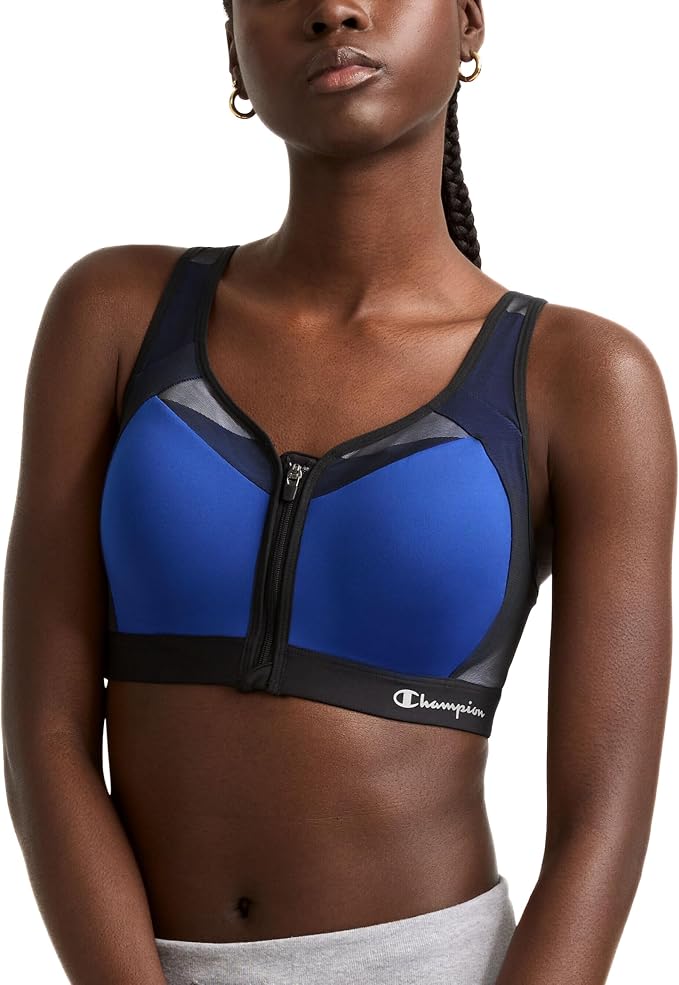 Champion Women's Sports Bra, Motion Control Front-Zip, High-Impact Maximum Support, Breathable, Moisture-Wicking, Surf The Web, 38D (Clearance)