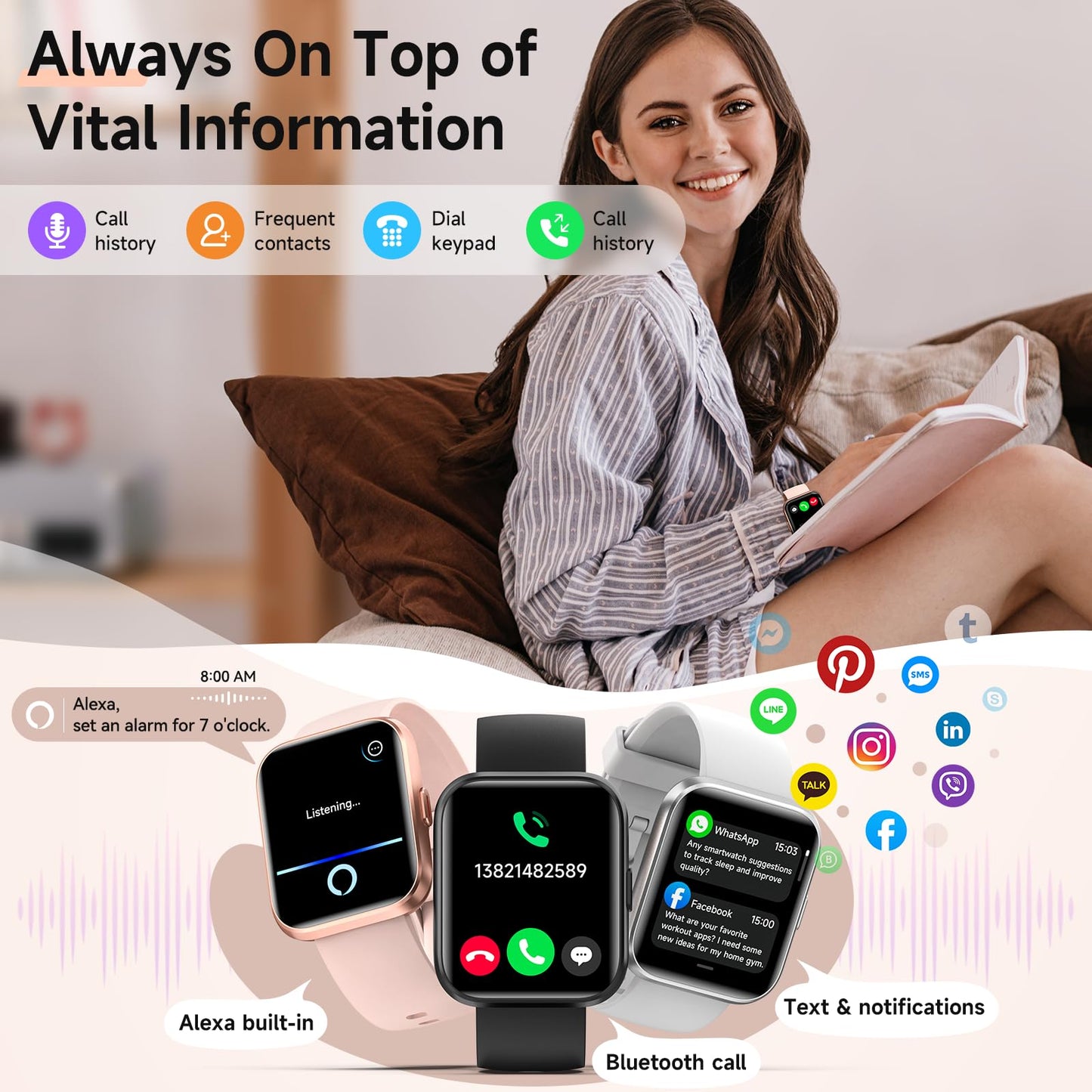 Smart Watches for Women, 1.8" Touch Screen Fitness Tracker for Android & iPhone, Answer/Make Calls, Alexa Built-in, Heart Rate/Sleep/SpO2 Monitor Smartwatch, IP68 Waterproof 101+ Sport Modes, 2 Bands