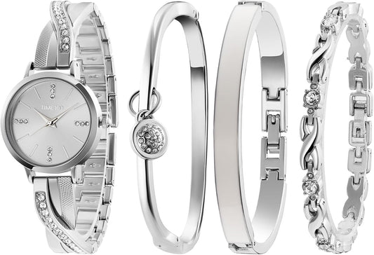 TIME100 Women's Bangle Watch and Gold Watch Chain Bracelets Premium Crystal Accented Bracelet Set W50888L
