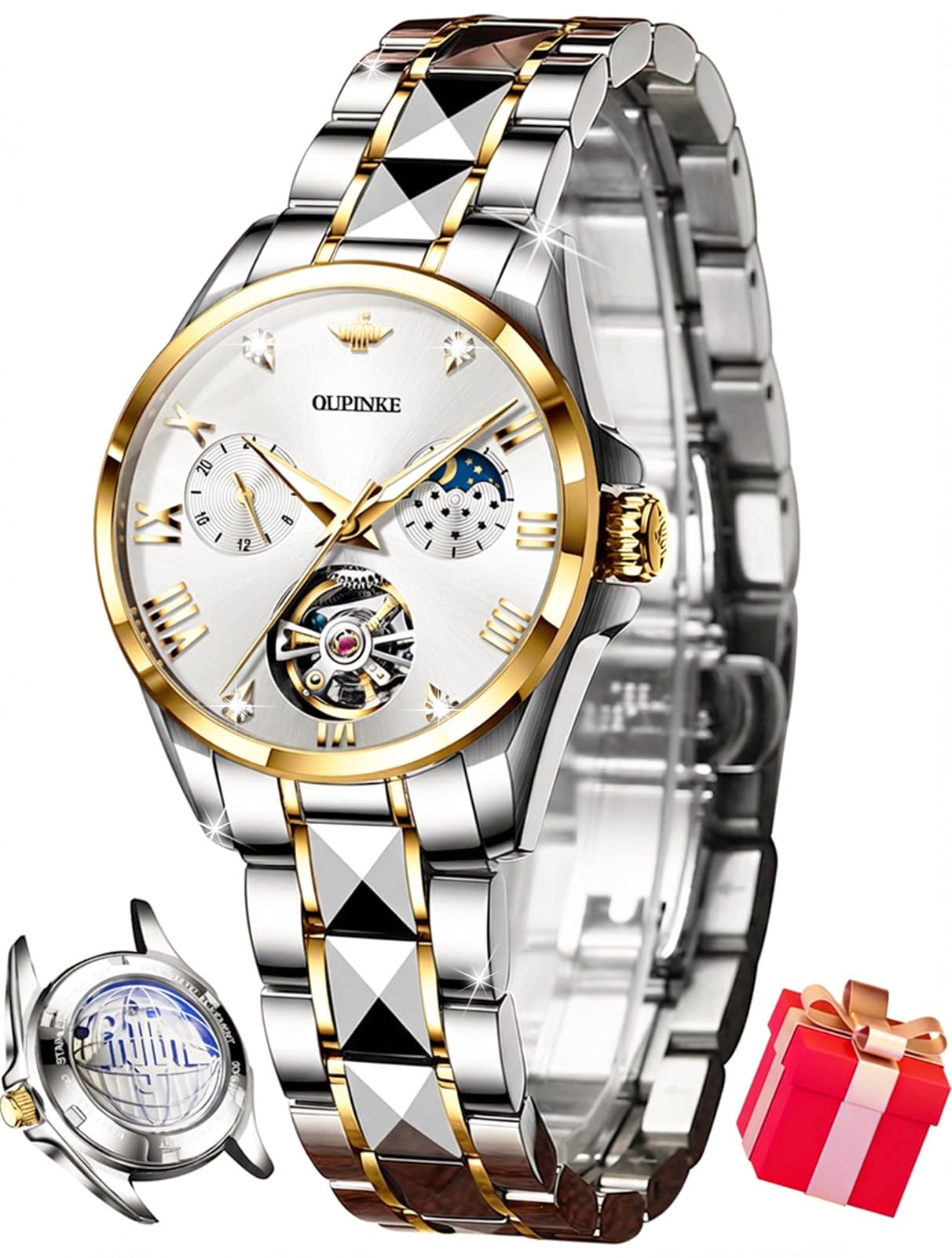 OUPINKE Women Automatic Watches Luxury Diamond Flywheel Two-Tone Stainless Tungsten Steel Band Moon Phase 24 Hours
