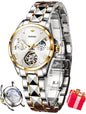 OUPINKE Women Automatic Watches Luxury Diamond Flywheel Two-Tone Stainless Tungsten Steel Band Moon Phase 24 Hours