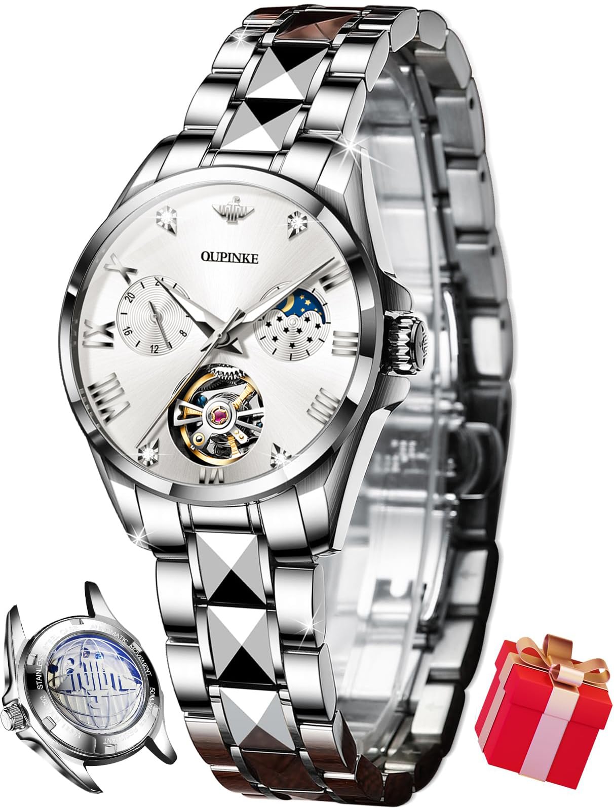 OUPINKE Women Automatic Watches Luxury Diamond Flywheel Two-Tone Stainless Tungsten Steel Band Moon Phase 24 Hours