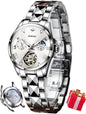 OUPINKE Women Automatic Watches Luxury Diamond Flywheel Two-Tone Stainless Tungsten Steel Band Moon Phase 24 Hours