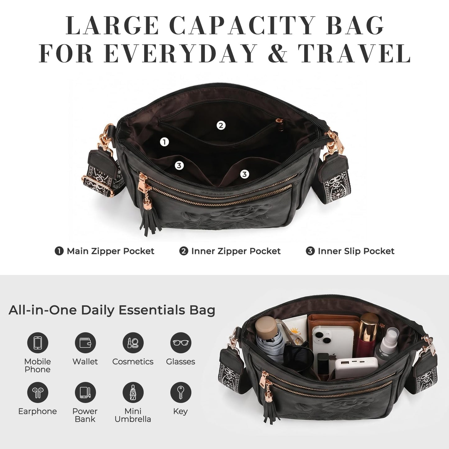 Crossbody Bags for Women, Vegan Leather Crossbody Purse, Multiple Pocket Daily Travel Shoulder Bag with Boho Strap