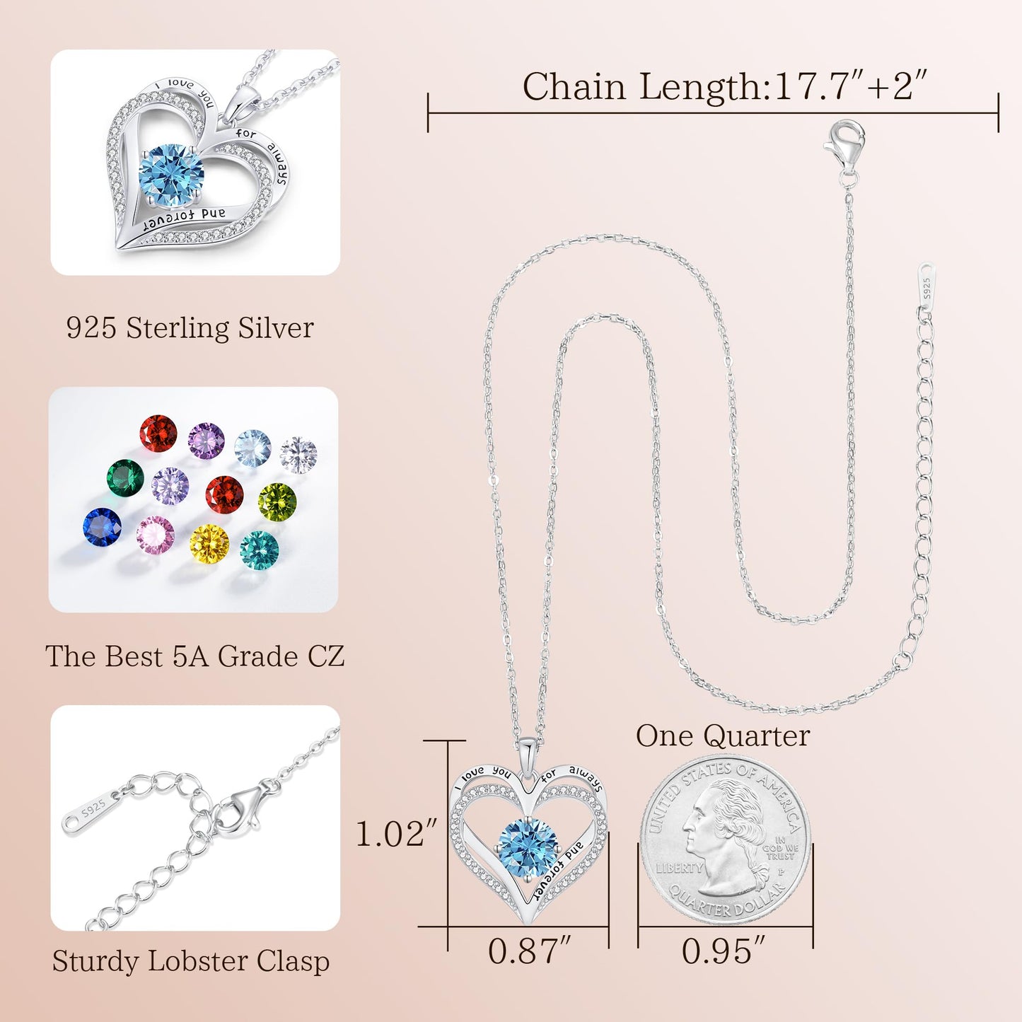LOUISA SECRET Double Love Heart Birthstone Necklaces for Women, Birthday Gift for Girlfriend, Anniversary Jewelry Gift for Her, 925 Sterling Silver Jewelry Christmas Anniversary Birthday Present Gifts for Wife Girlfriend Mom Grandma Daughter
