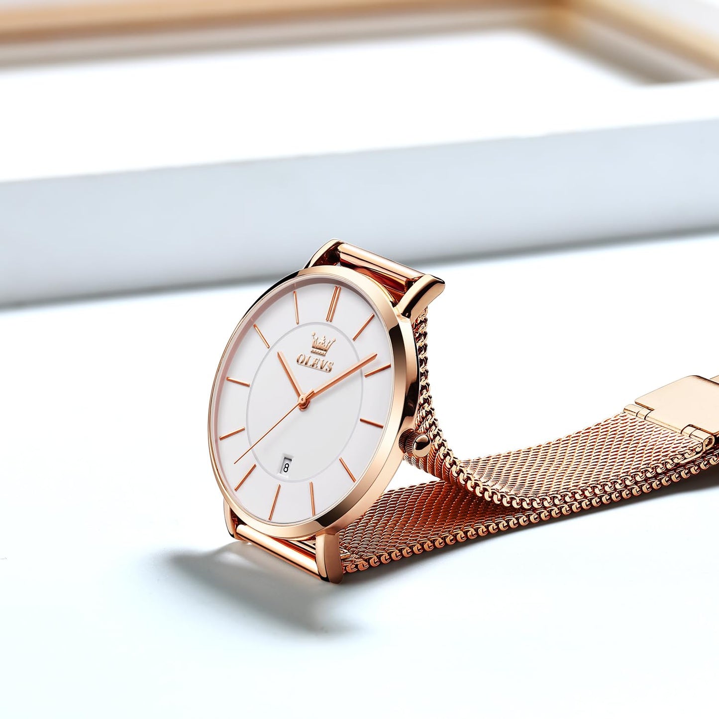 OLEVS Women's Watch Luxury Dress Rose Gold Women Slim Thin Lightweight Watch Stainless Steel Mesh Watches Fashion Waterproof Ladies Wrist Watch Black White Blue Face,Adjustable Bracelet
