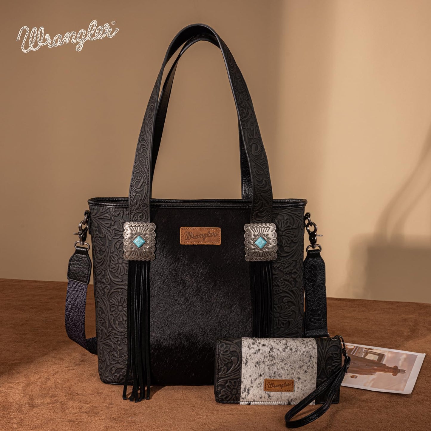 Montana West Wrangler Cowhide Tote Bag for Women Western Tooling Handbag Leather Fringing with Turquoise Stone Concho
