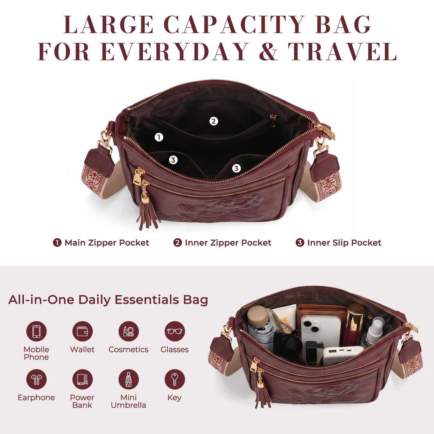 Crossbody Bags for Women, Vegan Leather Crossbody Purse, Multiple Pocket Daily Travel Shoulder Bag with Boho Strap
