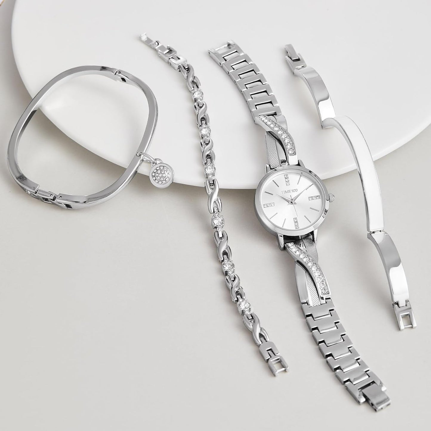TIME100 Women's Bangle Watch and Gold Watch Chain Bracelets Premium Crystal Accented Bracelet Set W50888L