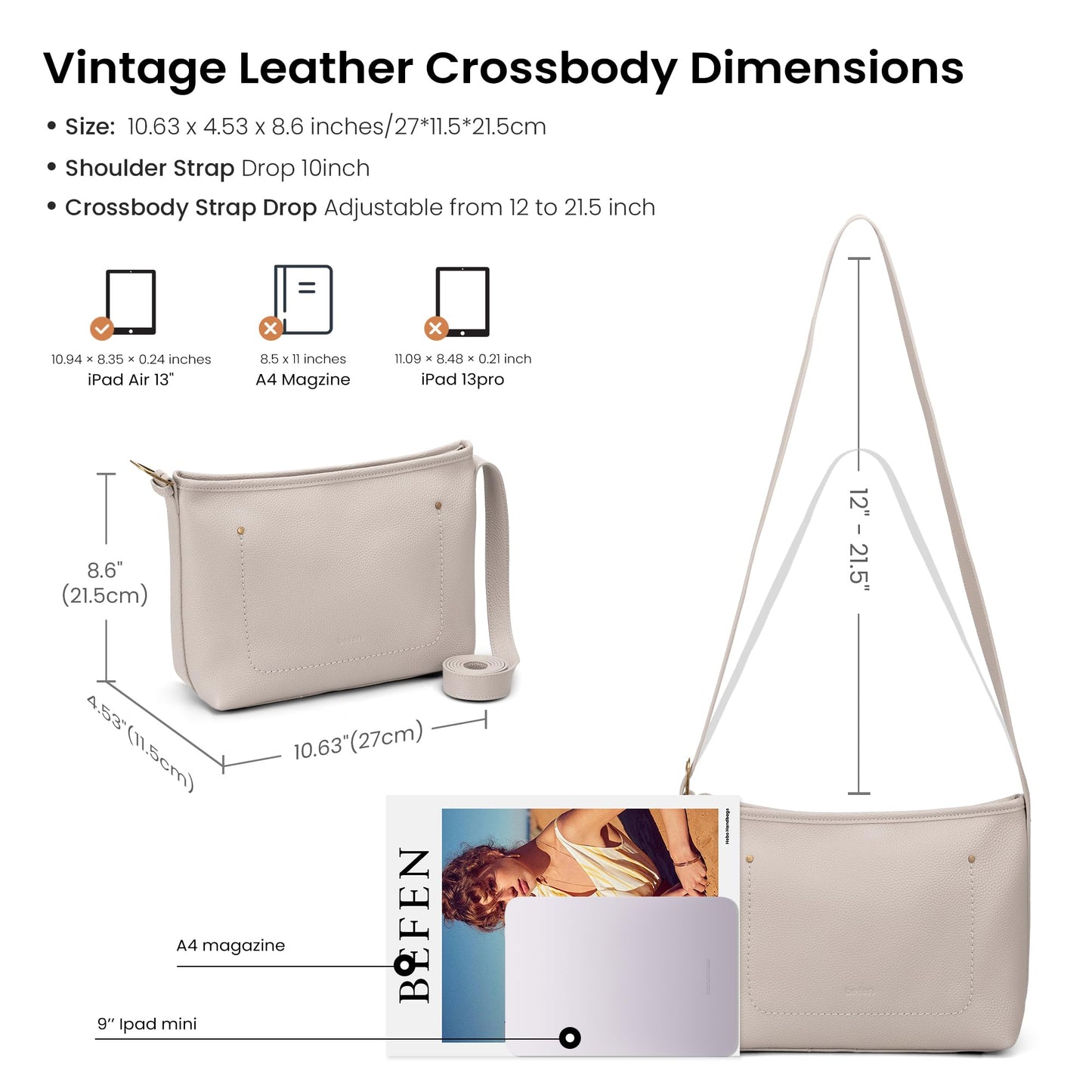 befen Genuine Leather Purses for Women, RFID Medium Leather Crossbody Bags Shoulder Purse Handbags