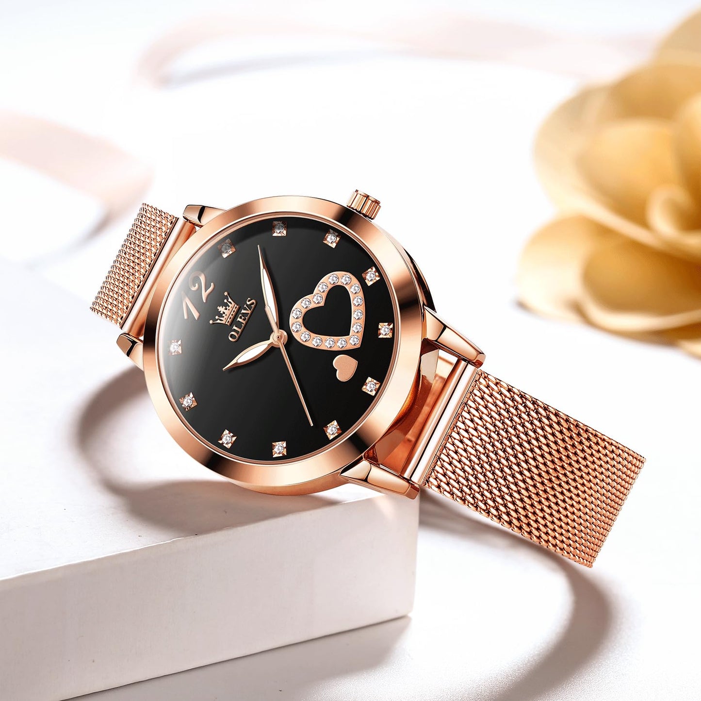 OLEVS Women's Small Wrist Rose Gold Tone Watch - Cute Diamond Heart Arabic Numerals Dial, Fashion Waterproof Mesh Bracelet Analog Dress for Ladies
