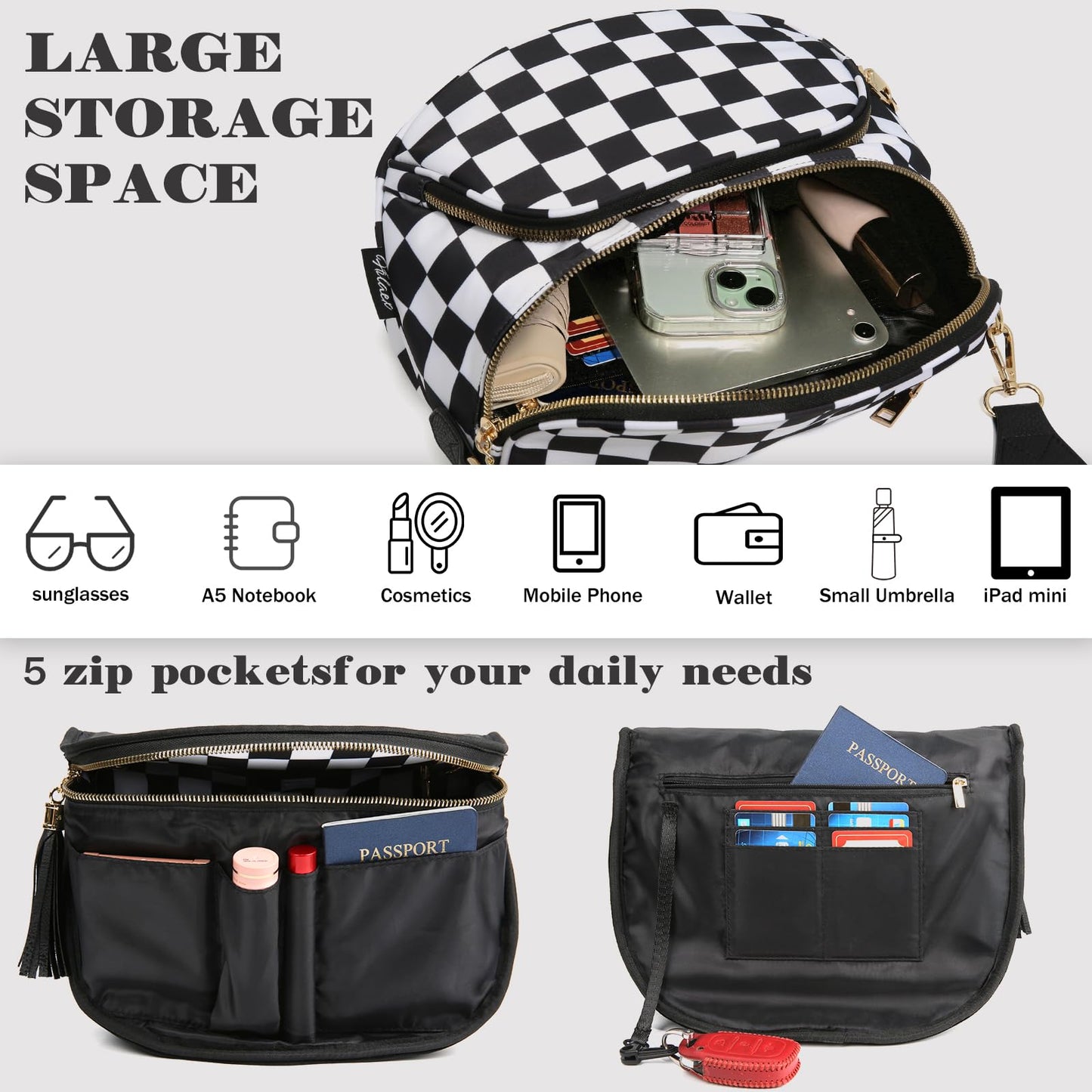 Checkered Crossbody Bag Anti Theft Spacious Bum Bags for Women Nylon Fanny Packs Lightweight Purse Wallet for Travel