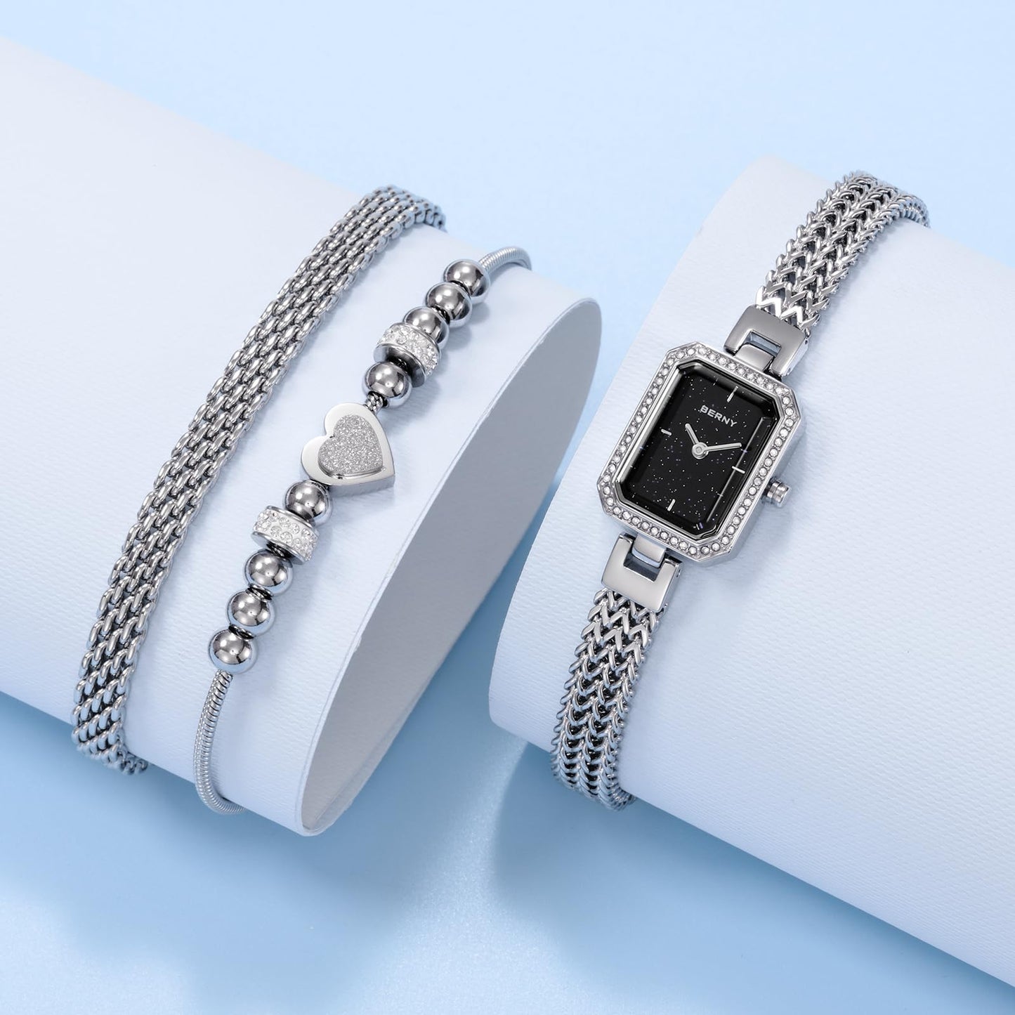 BERNY Silver Watches for Women Ladies Wrist Watch and Bracelet Set Dainty Quartz Bracelet Watch Premium Crystal Accented Fashion Luxury Birthday Present for Women