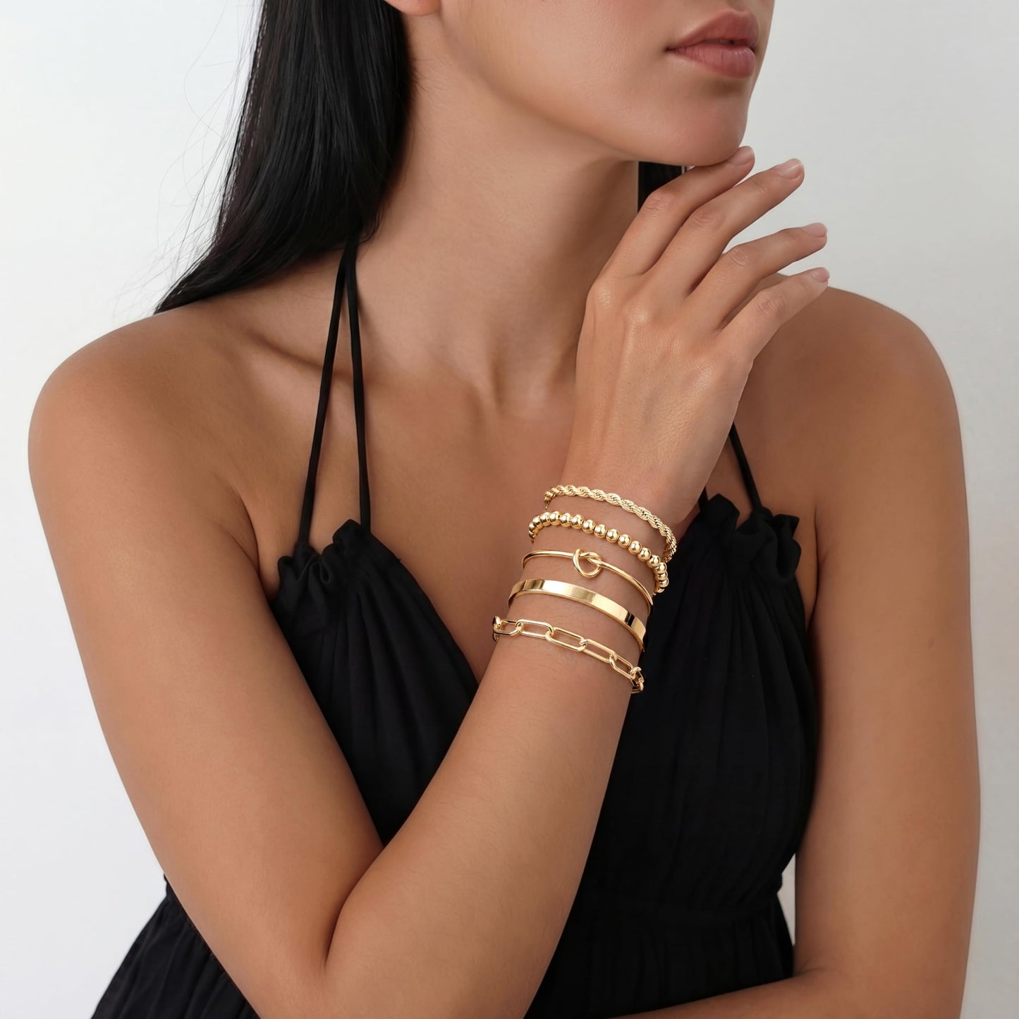 Gokeey Gold Bracelets Set for Women Non Tarnish, Waterproof 14K Gold Plated Sterling Silver Chunky Cuff Bracelet Stackable Gold Bangles Bracelet for Women Trendy Fashion Accessories Tie Knot Cuban Rope Paperclip Beaded Bracelet Stack Jewelry Mothers Day G
