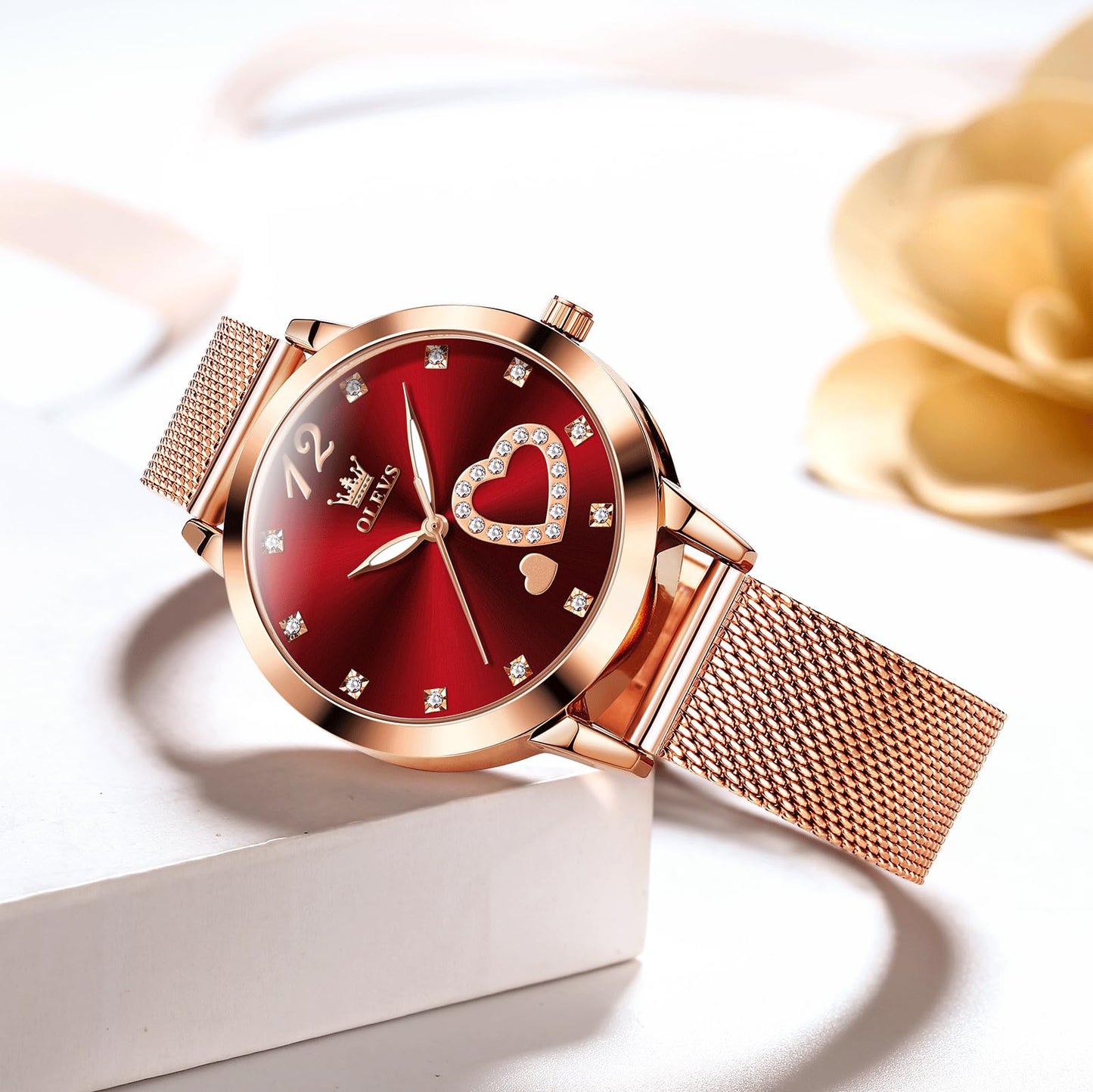 OLEVS Women's Small Wrist Rose Gold Tone Watch - Cute Diamond Heart Arabic Numerals Dial, Fashion Waterproof Mesh Bracelet Analog Dress for Ladies