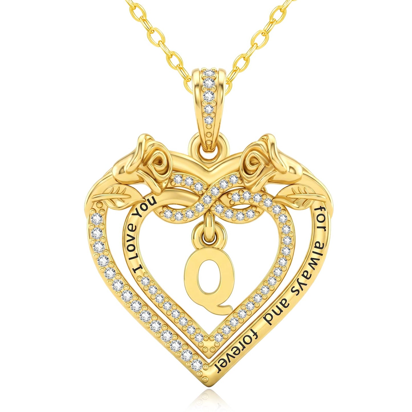 Uncle LOL Jewelry — 14K Gold Initial Letter Rose Heart Pendant Necklace for Women, Anniversary Birthday Jewelry Gifts for Wife Mom Grandma Sister Daughter, I Love You for Always And Forever