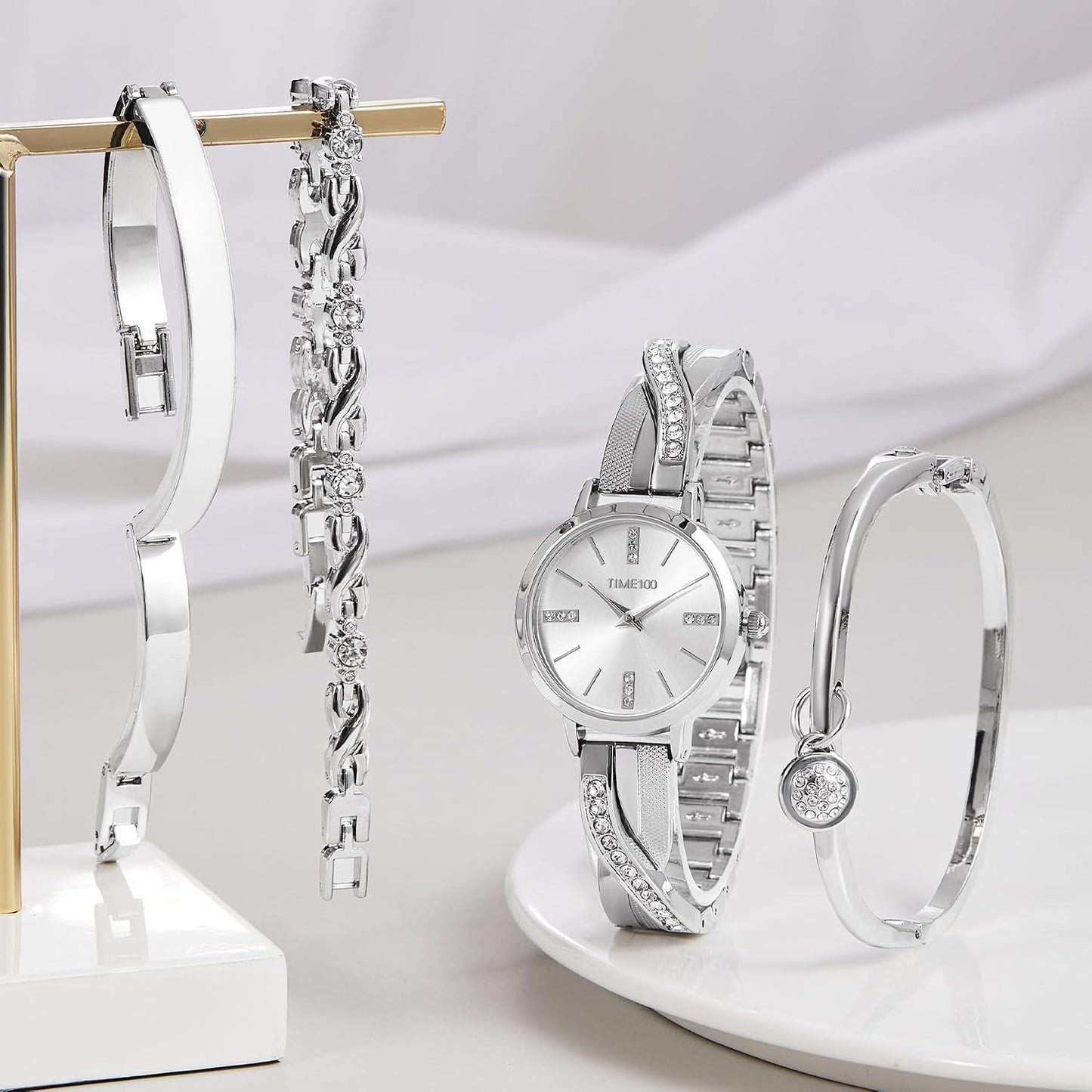 TIME100 Women's Bangle Watch and Gold Watch Chain Bracelets Premium Crystal Accented Bracelet Set W50888L