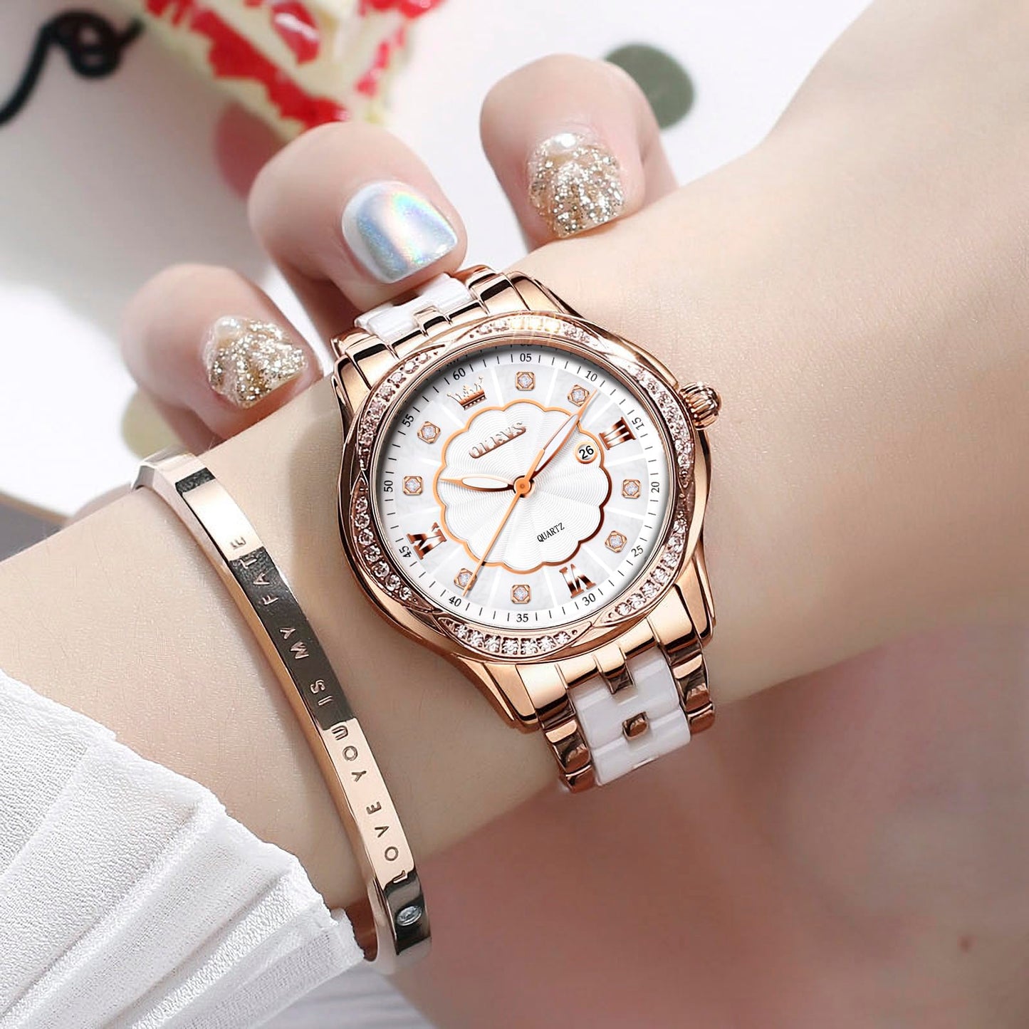 OLEVS Women's Watch Ceramic Band Waterproof Dress Watch Analog Quartz Watches Elegant Luxury Comfortable Wrist Watches with Date Day & Diamond White/Pink/Black Dial Gift for Her Reloj para Mujer