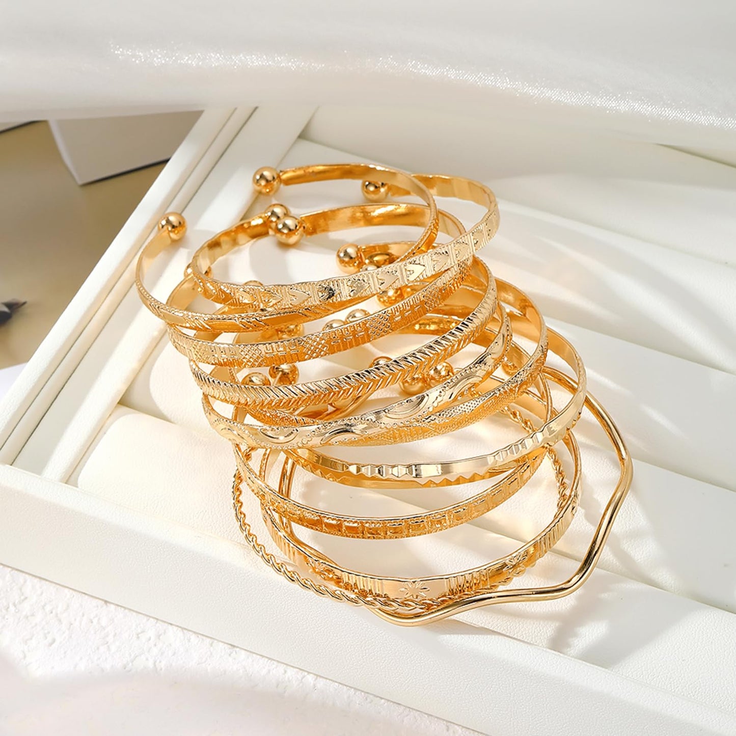 17IF Gold Bangle Bracelet For Women, 14k Multilayer Charm Textured Stackable Bracelets Boho Indian Chunky Cuff Fashion Jewelry Gift