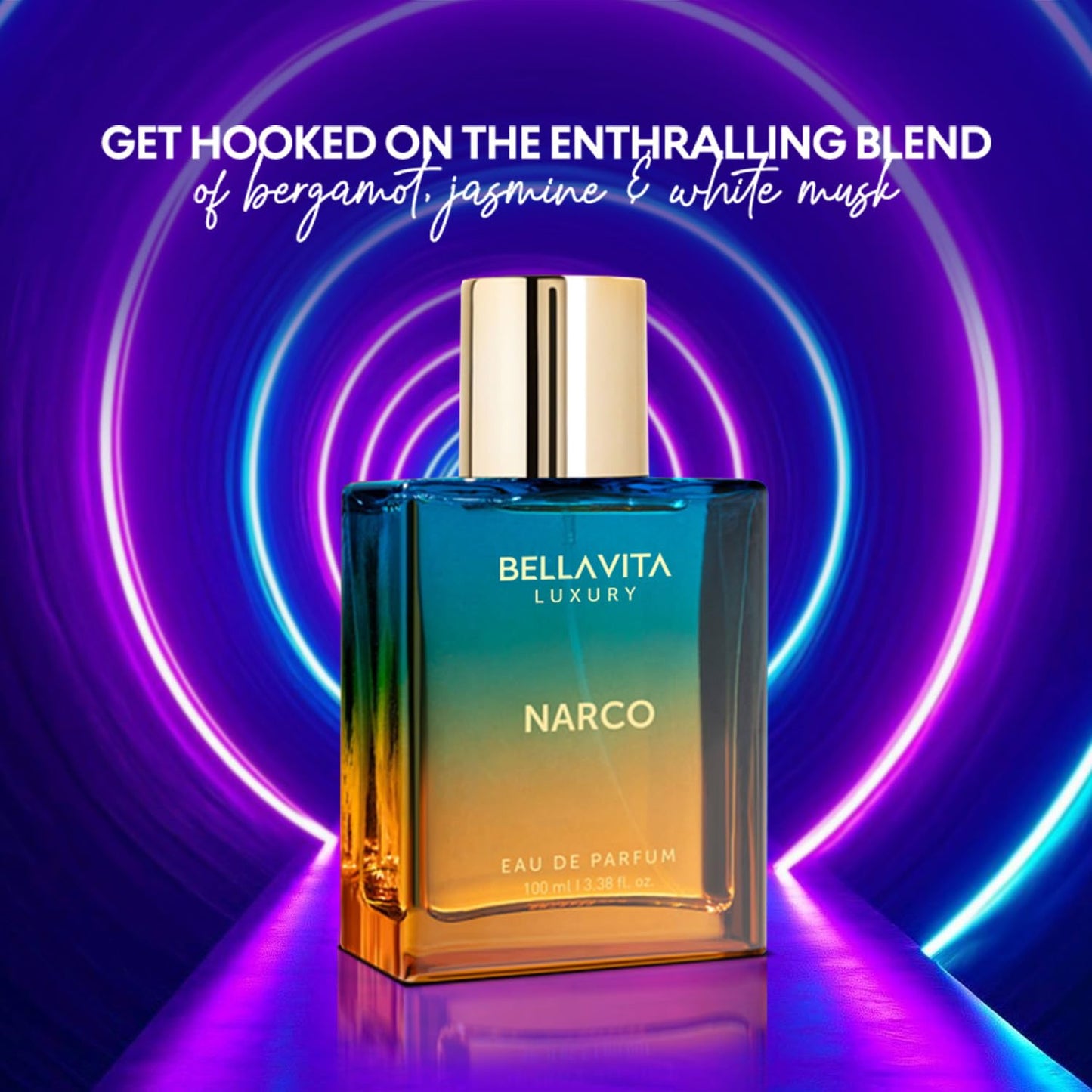 Bellavita Luxury Narco Eau de Parfum | 100 ml (3.4 fl.oz.) | Perfume for Men and Women | Floral, Bergamot, Jasmine, and White Musk Notes | Long Lasting Unisex Fragrance