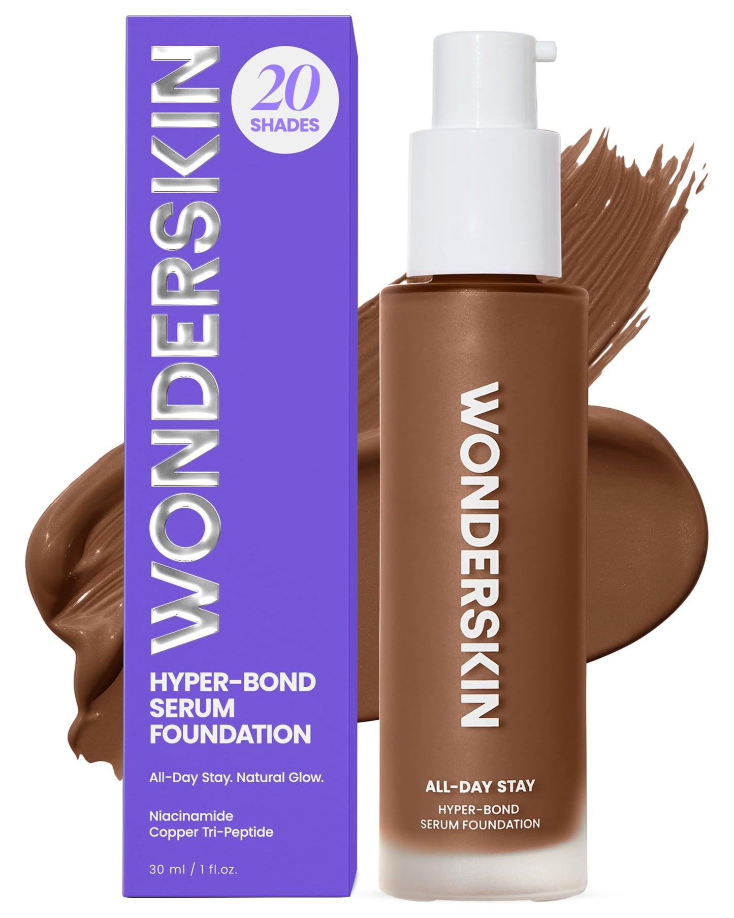Wonderskin Hyper Bond All-Day Stay Serum Foundation – Waterproof, Transfer-Proof, 24HR Longwear Face Makeup with Niacinamide & Hyaluronic Acid – Lightweight, Natural Finish (Echo)