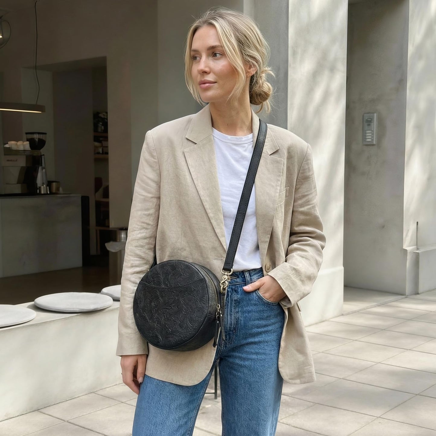 S-ZONE Leather Crossbody Bags for Women Circle Shoulder Round Purse Travel | Top Grain Leather, Keychain, Designer Handbag, Vintage, Multi Pockets, Detachable Strap, Eveyday Outing