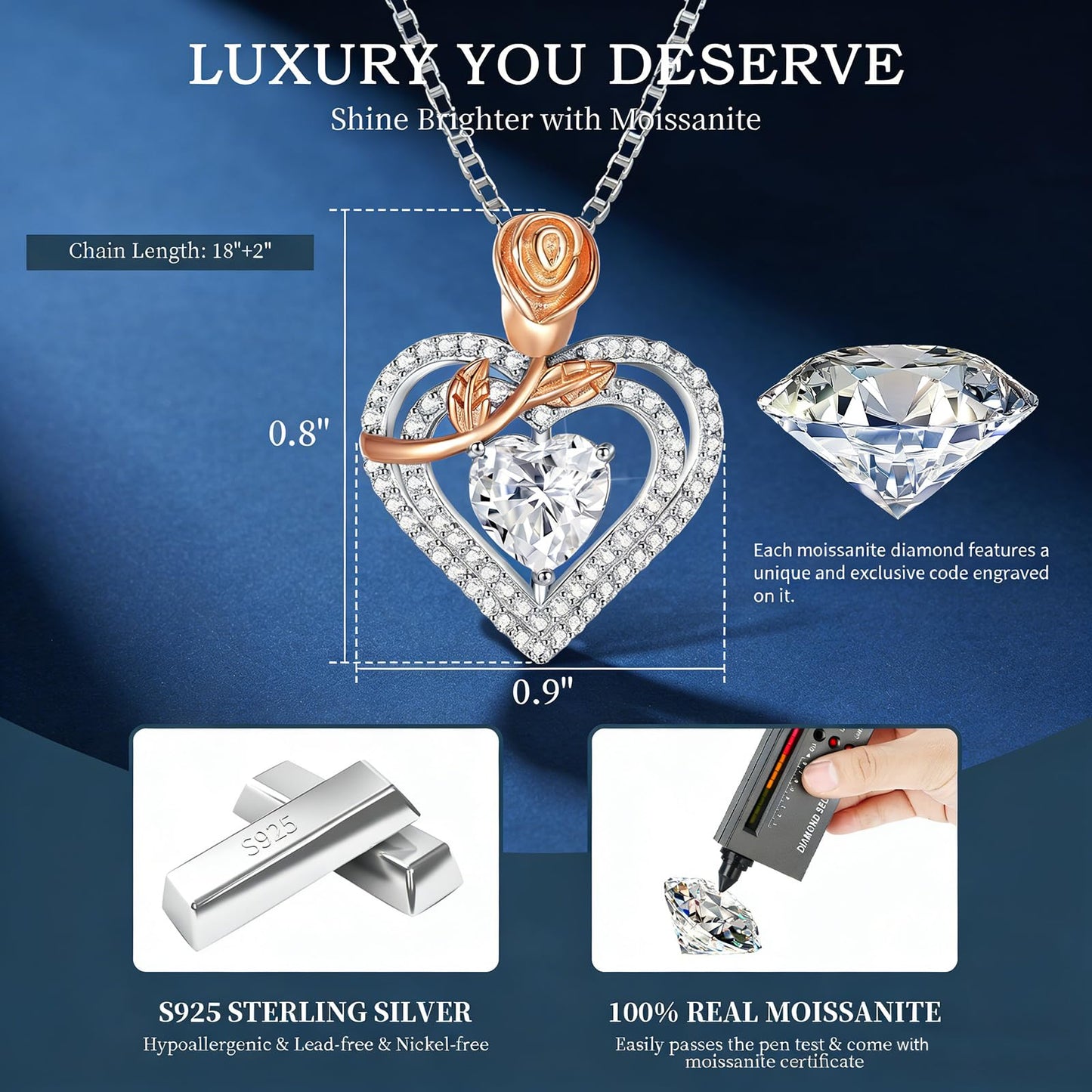 Gorgeous Moissanite Necklaces for Women - Sterling Silver 1-3CT D Color Moissanite Pendant Necklace, Mother Day Birthday Gifts for Mom Wife Girlfriend Daughter, Wedding Anniversary Christmas Jewelry Gift