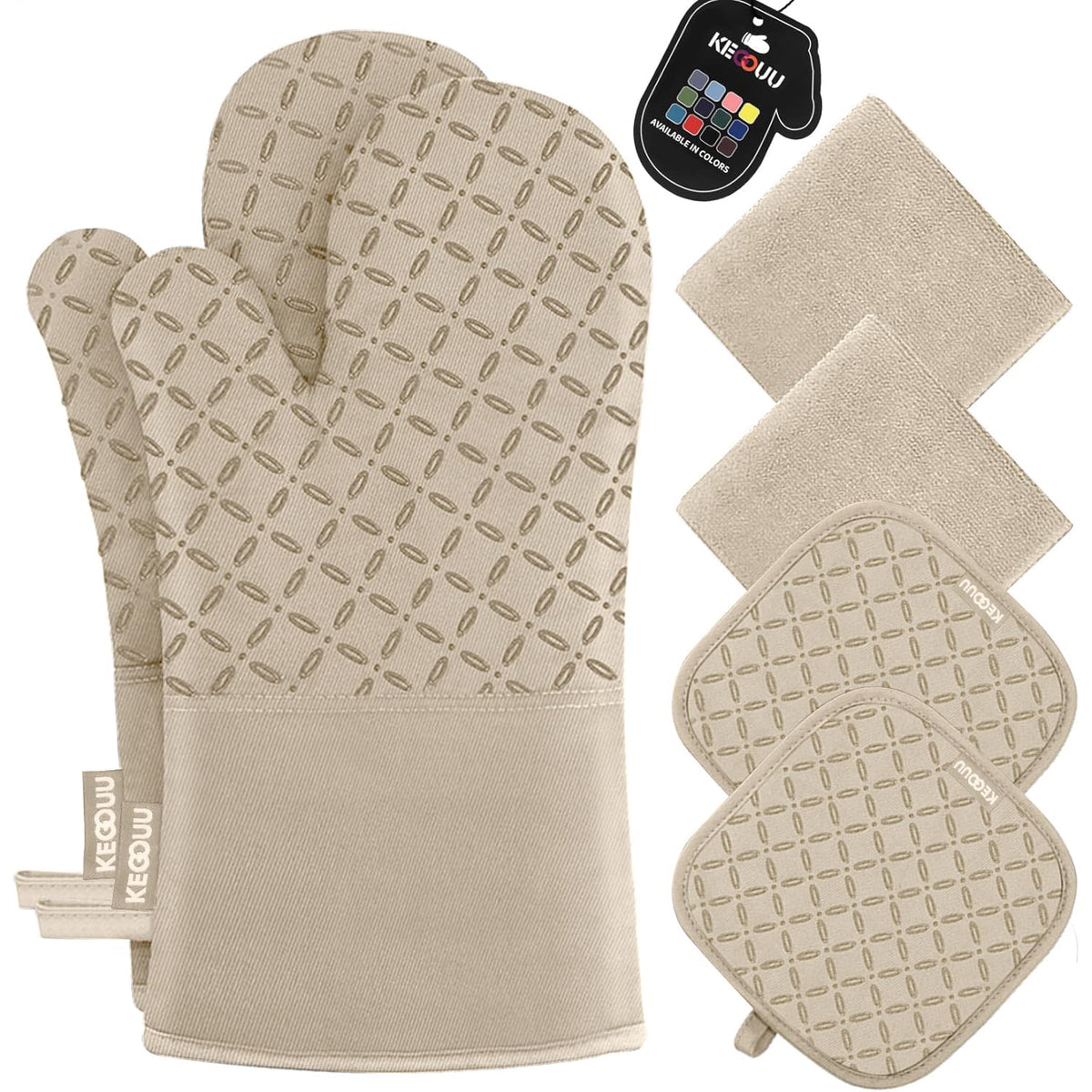 KEGOUU Oven Mitts and Pot Holders 6pcs Set, Kitchen Oven Glove High Heat Resistant 500 Degree Extra Long Oven Mitts and Potholder with Non-Slip Silicone Surface for Cooking (Gray)