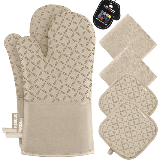 KEGOUU Oven Mitts and Pot Holders 6pcs Set, Kitchen Oven Glove High Heat Resistant 500 Degree Extra Long Oven Mitts and Potholder with Non-Slip Silicone Surface for Cooking (Gray)