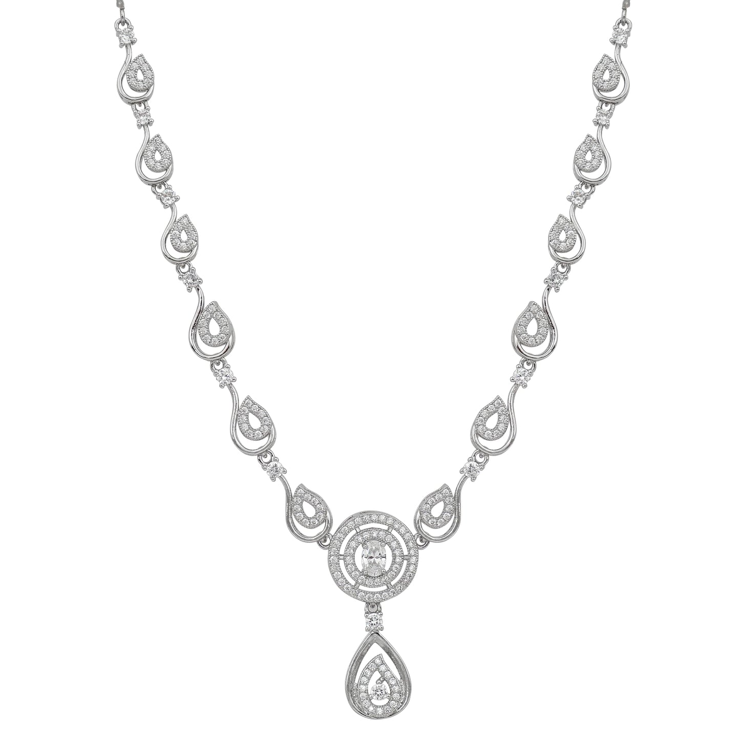 Nilu's Collection American Diamond Stone Studded | Rose Gold/Silver Plated | Anti Tarnish Jewellery Set for Women | Matching Earrings Perfect for Weddings and Special Occasions