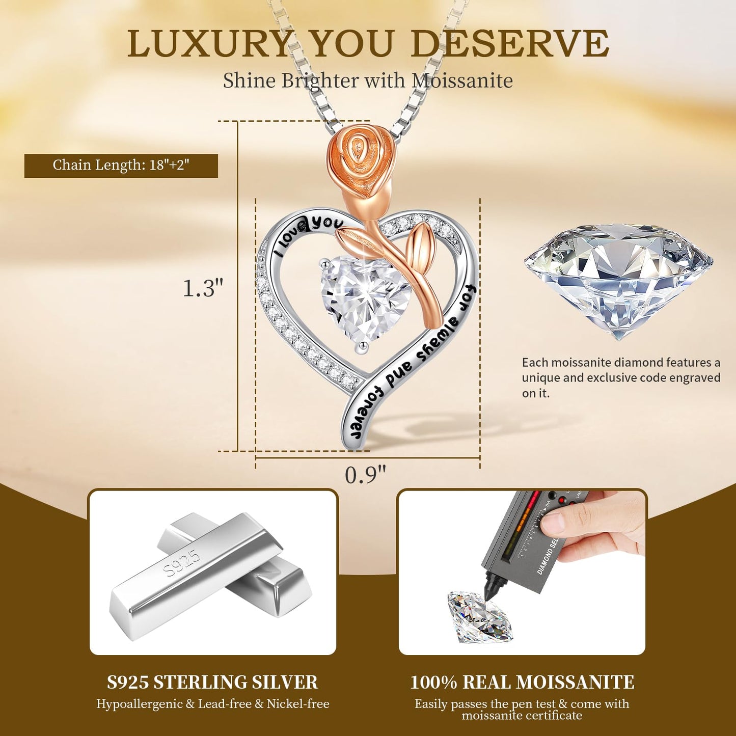 Gorgeous Moissanite Necklaces for Women - Sterling Silver 1-3CT D Color Moissanite Pendant Necklace, Mother Day Birthday Gifts for Mom Wife Girlfriend Daughter, Wedding Anniversary Christmas Jewelry Gift