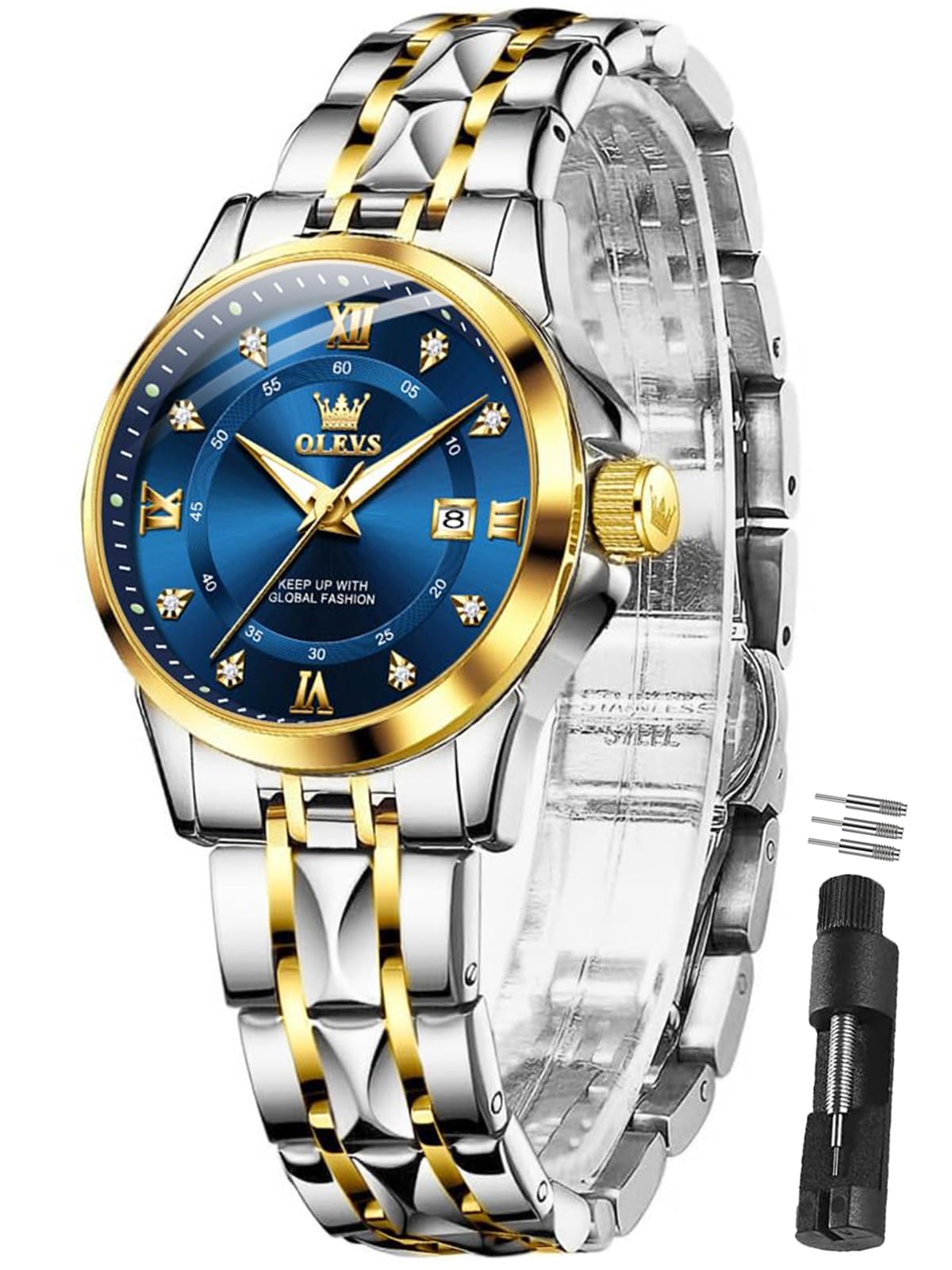 OLEVS Watch Women Two Tone Watches for Women with Date Dress Womens Watches for Small Wrists Luxury Easy Read Womens Watch Waterproof Blue/Black/Gold/Silver Dial Reloj para Mujer