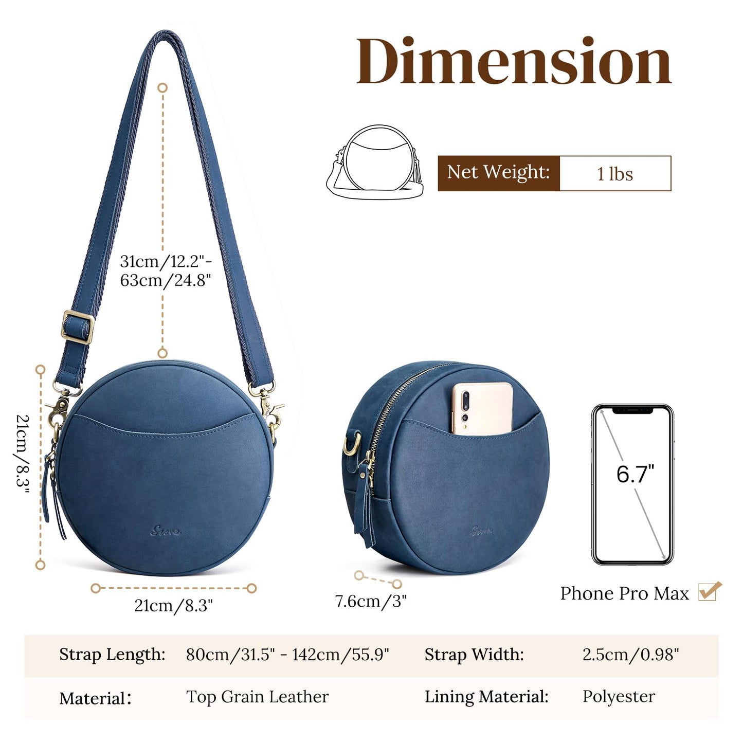 S-ZONE Leather Crossbody Bags for Women Circle Shoulder Round Purse Travel | Top Grain Leather, Keychain, Designer Handbag, Vintage, Multi Pockets, Detachable Strap, Eveyday Outing