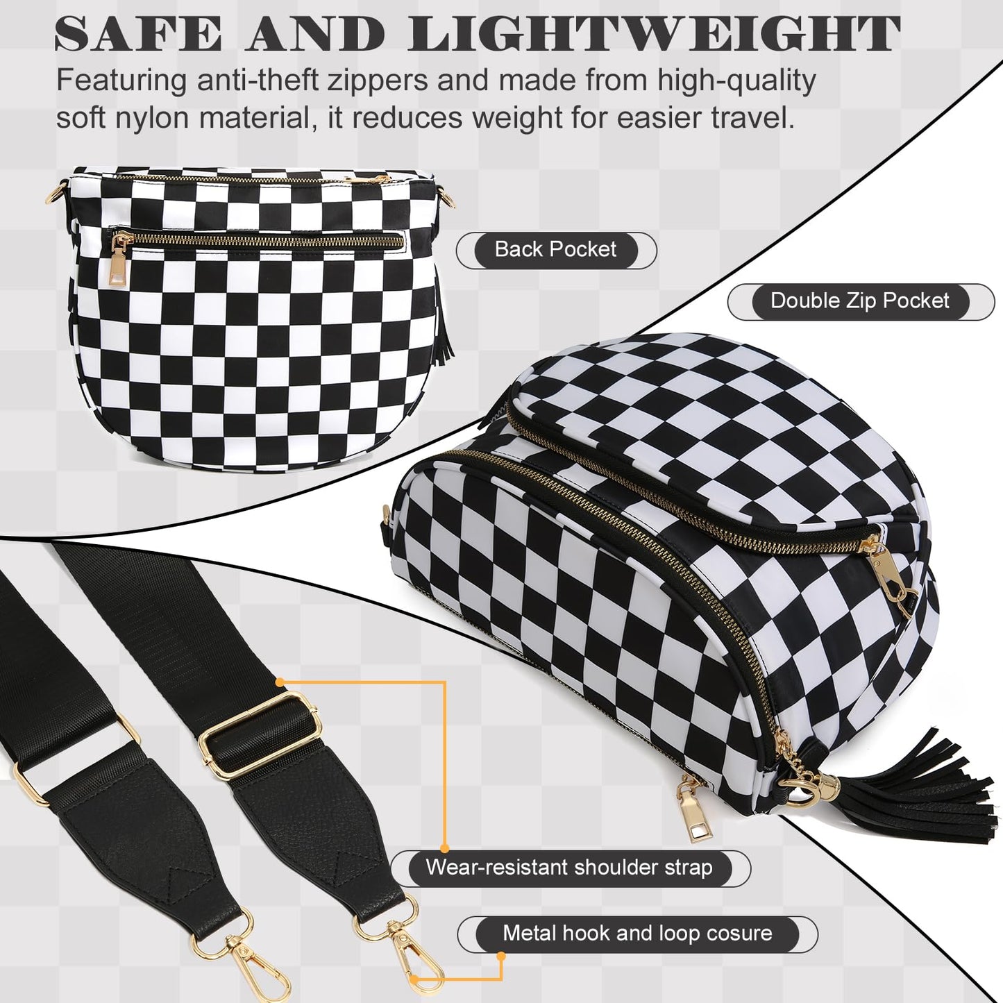 Checkered Crossbody Bag Anti Theft Spacious Bum Bags for Women Nylon Fanny Packs Lightweight Purse Wallet for Travel